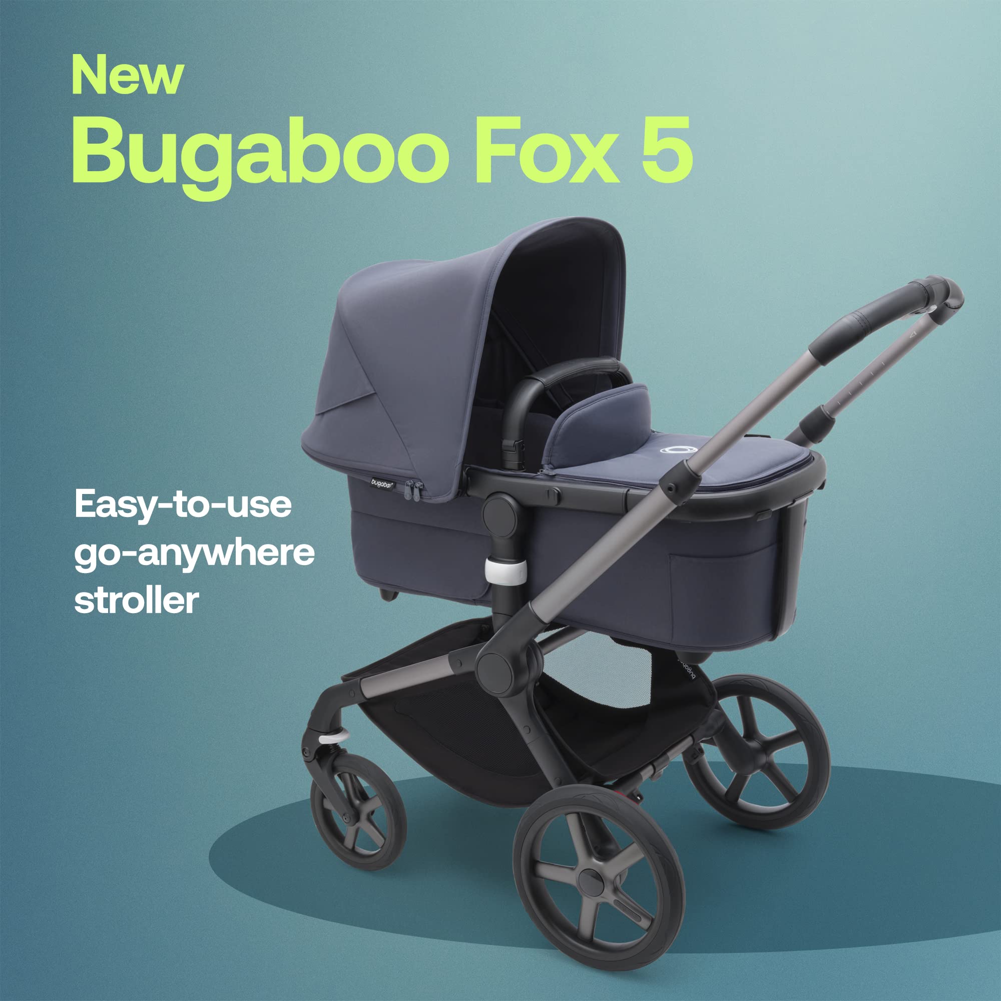 Bugaboo Fox 5 All-Terrain Stroller - 2-in-1 Baby Stroller with Full Suspension & Easy Fold | Spacious Bassinet & Extendable Toddler Seat | One-Handed Maneuverability (Graphite-Stormy Blue) | Perfect for Urban Walks, Park Visits & Travel Adventures