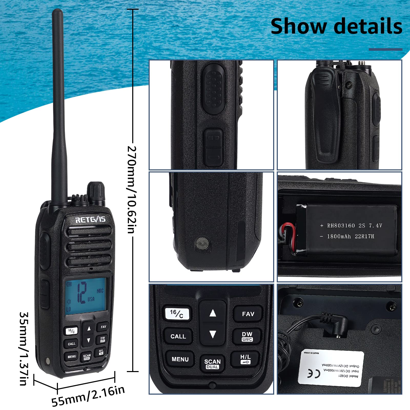 Retevis RM21 Waterproof Floating Handheld Marine VHF Radio - IP67 Submersible, Noise Cancelling, 1800mAh Battery, LCD Backlit Display, NOAA Weather Alerts - Perfect for Boating, Fishing & Marine Construction Safety