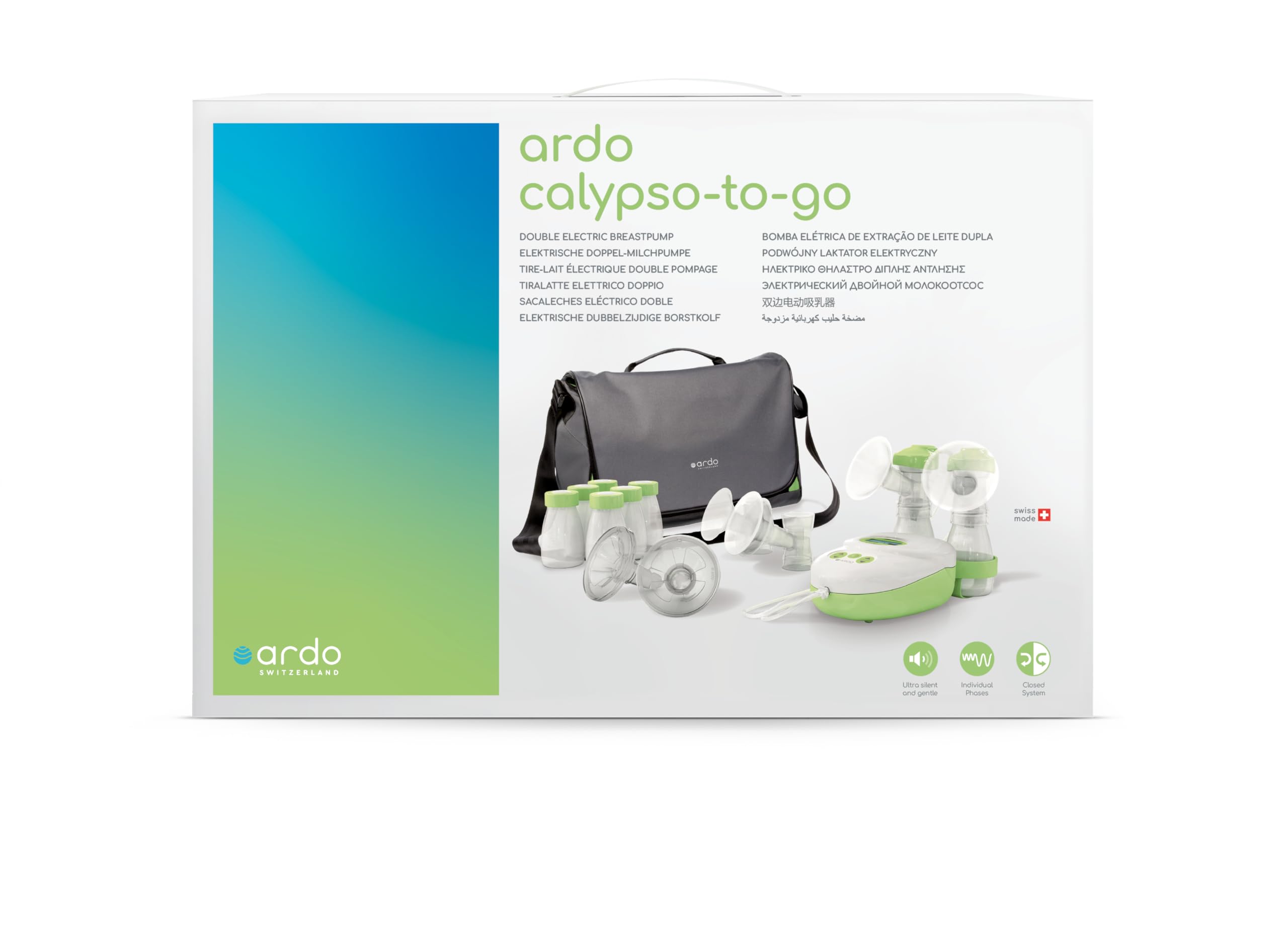 Ardo Calypso-to-Go Double Electric Breast Pump - Ultra Quiet Swiss Made Hospital Grade Breastfeeding Pump with 64 Adjustable Settings, Closed System, Includes Bottles, Breast Shells & Travel Bag - Perfect for Working Moms, Travel & On-the-Go Pumping