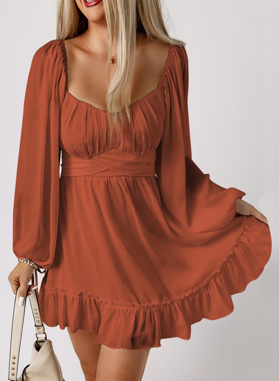Acelitt Women's Spring 2025 Wedding Guest Dress - Square Neck Long Lantern Sleeve Ruffle A-Line Mini Dress for Casual Wear | Perfect for Bridal Showers, Garden Parties & Cocktail Events
