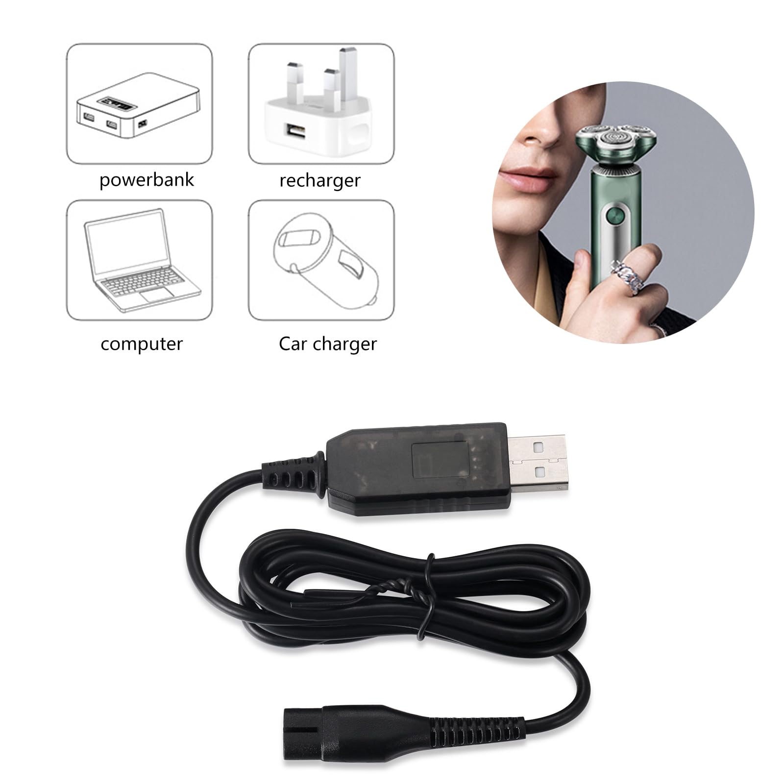 USB Shaver Charger Cable for QP2520/70/90 & QP2620 Series - Replacement Charging Cord for Electric Shavers - Home & Travel Use