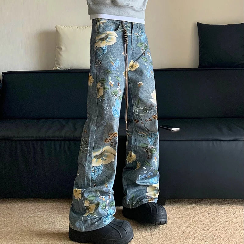 American Design Men's Floral Print Loose Wide Leg Straight Denim Jeans - Stylish Contrast Color Trousers for Casual Wear & Street Fashion