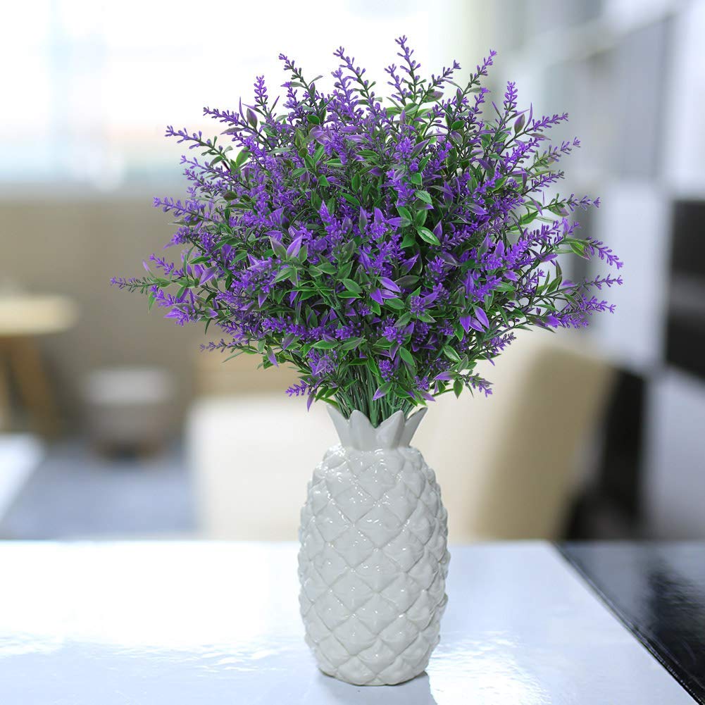 GREENRAIN 8 Pack Artificial Lavender Flowers - UV Resistant Faux Plastic Plants for Outdoor Garden, Porch & Window Box Decor - No Fade Purple Fake Flowers - Perfect for Home, Wedding & Party Decoration