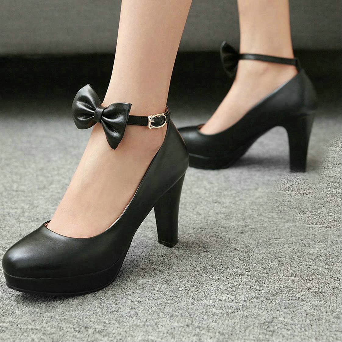 BEAUPAS Women's Chunky Block Heel Pumps with Ankle Strap & Bow Buckle - Stylish High Heel Shoes for Party, Wedding & Evening Occasions