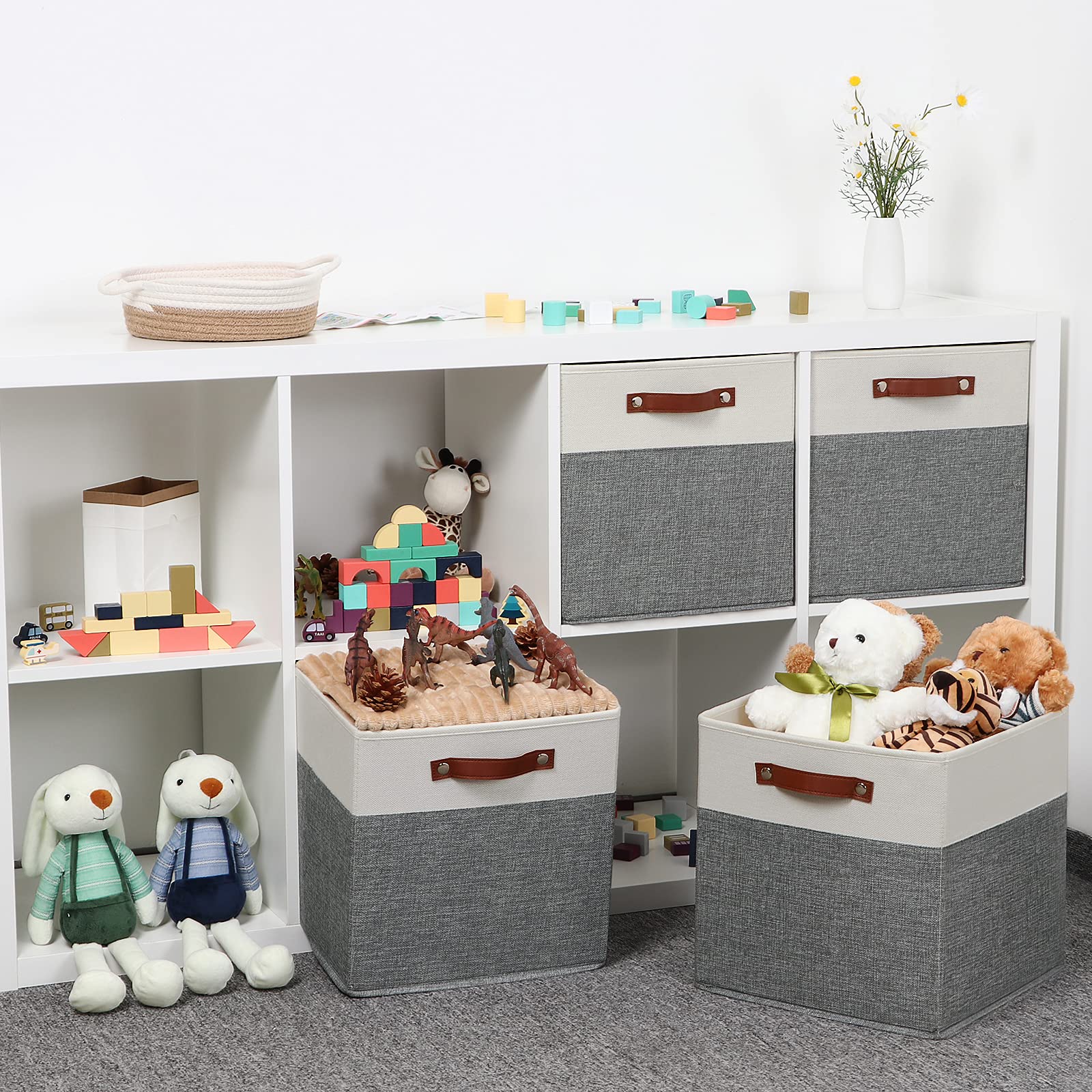Temary 13x13 Storage Cubes 4 Pack - Large Fabric Cube Storage Bins with Leather Handles, Foldable Cloth Baskets for Shelves - Perfect for Organizing Closet, Clothes, Toys & Home Decor - Ideal for Bedroom, Nursery & Office Organization
