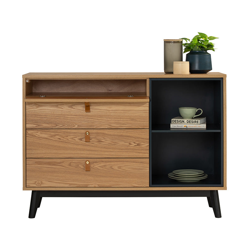 CASTOR Sideboard Buffet 125cm - Modern Wooden Storage Cabinet with 3 Drawers & Doors in Natural, Navy Blue & Black - Perfect for Dining Room, Living Room & Entryway Organization