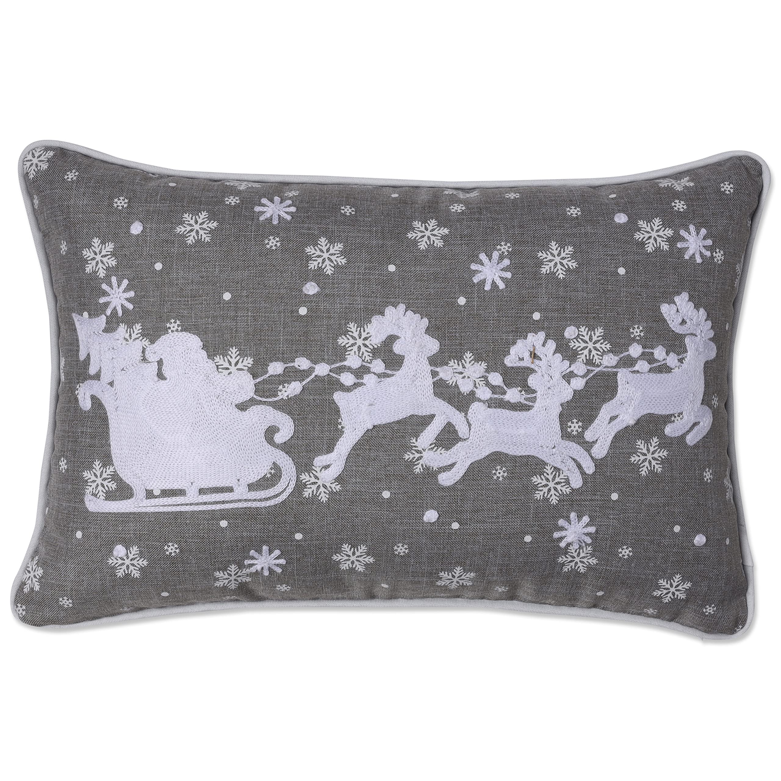 Pillow Perfect Gray Santa Sleigh & Reindeers Lumbar Pillow Cover 13x19 Inch - Holiday Home Decor for Sofa, Bed, Christmas Decoration