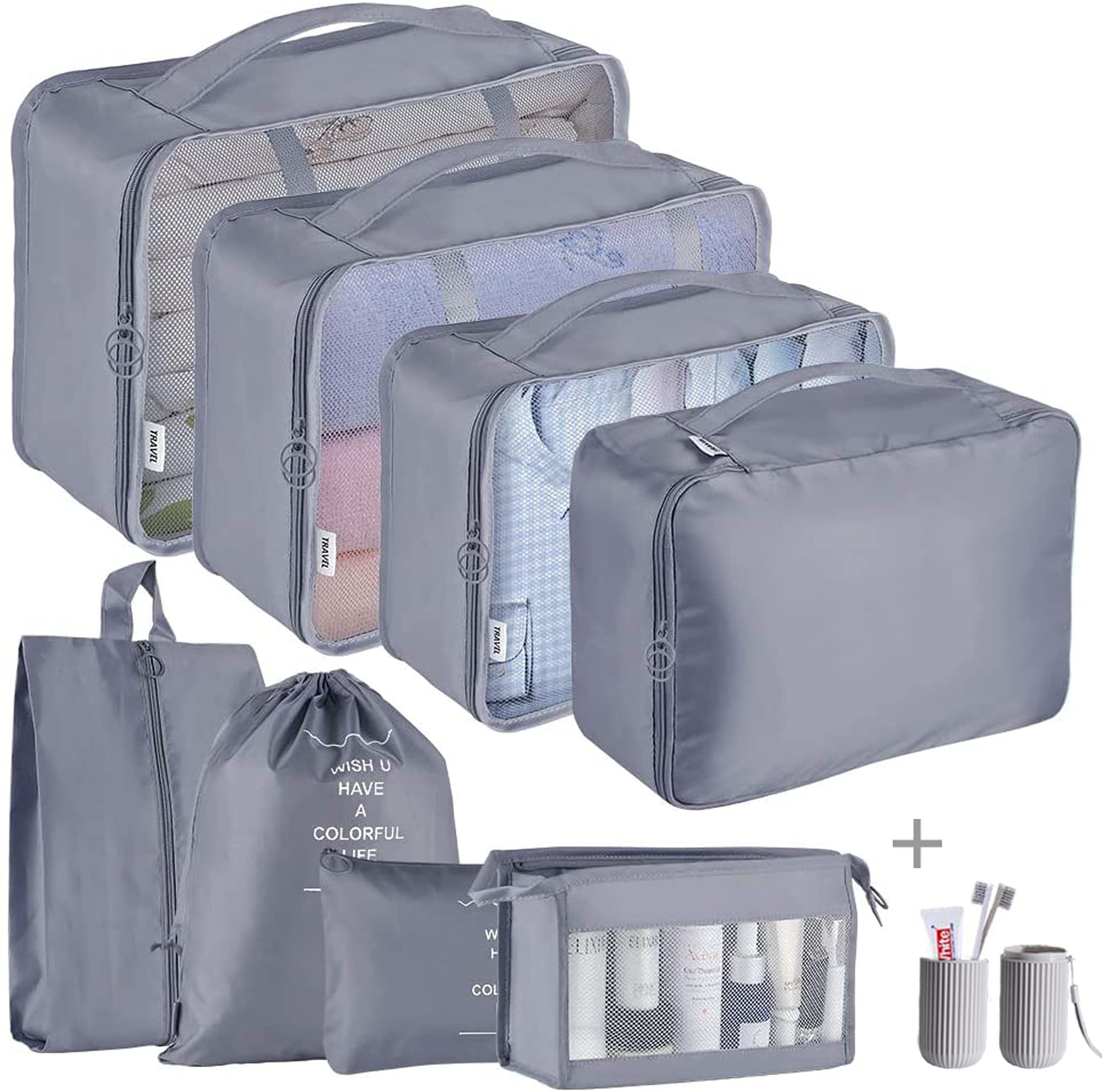 9-Piece Lightweight Packing Cubes Set for Suitcase - Travel Organizer Bags with Shoe Bag (Grey) | Perfect for Business Trips, Vacations & Weekend Getaways
