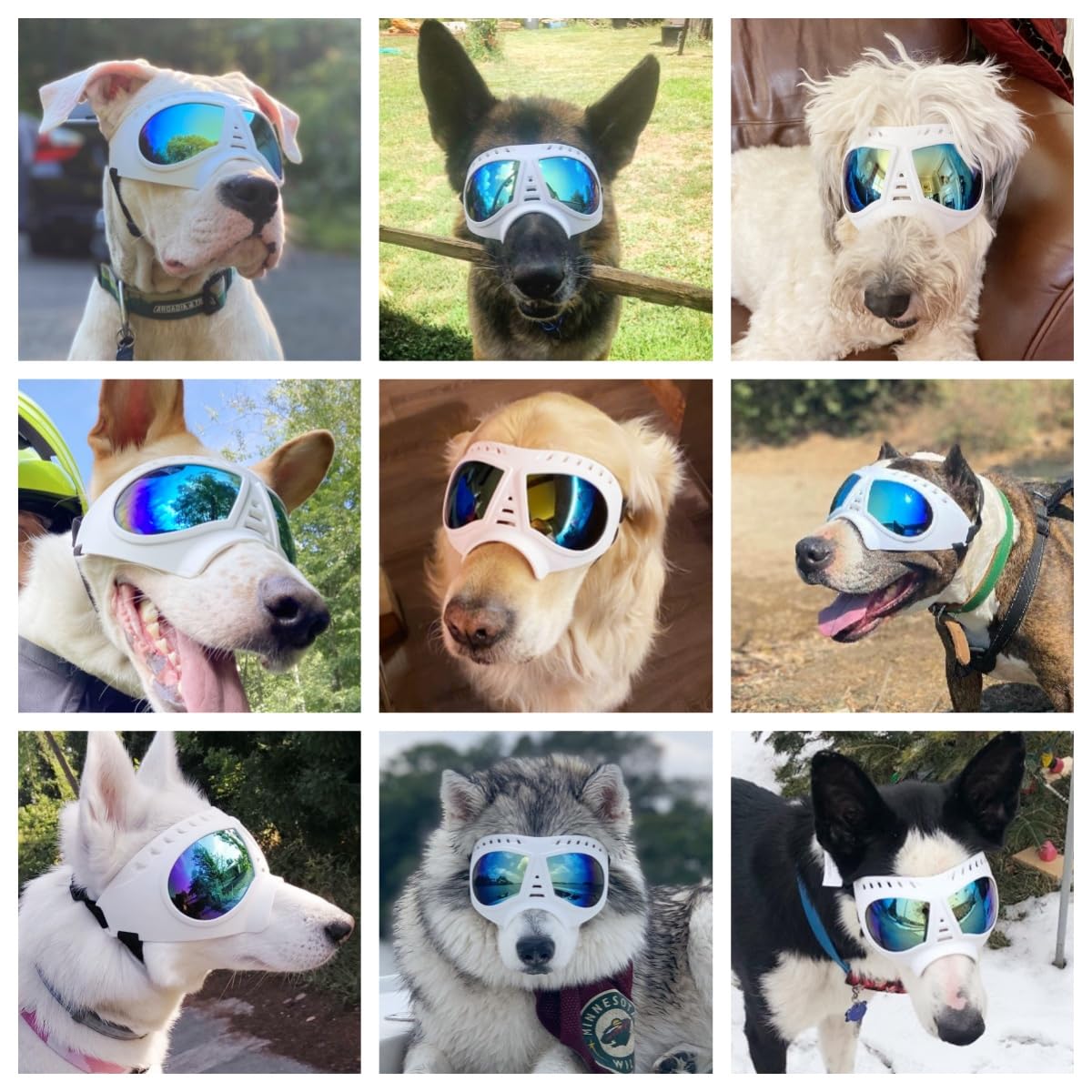 Tactical Dog Goggles for Large Dogs - UV Protection Sunglasses with Soft Frame & Adjustable Strap for Summer Driving & Winter Snow - White Pet Eye Protection for Medium to Large Breed Dogs
