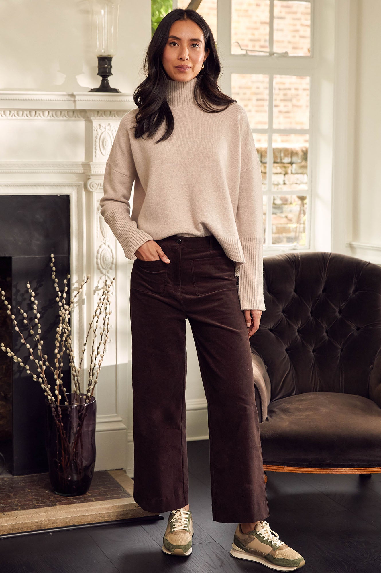 Kendal Cropped Stretch Corduroy Pants for Women | High Waisted Comfortable Corduroy Trousers in Chocolate Brown | Perfect for Casual Outfits, Office Wear & Fall Fashion