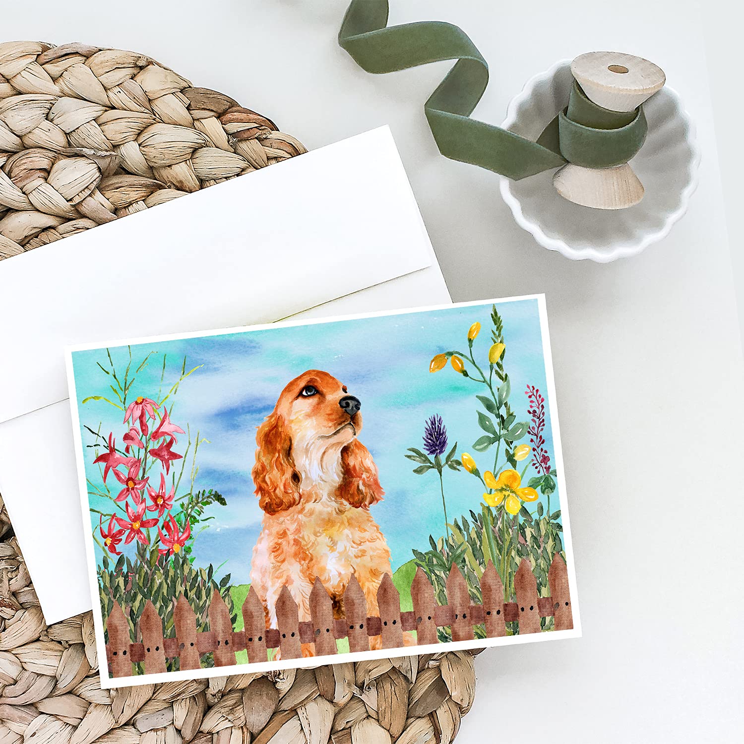 CK1268GCA7P Cocker Spaniel Spring Greeting Cards - Pack of 8 Blank A7 Note Cards (5x7 inches) with Envelopes - Whimsical Dog-Themed Stationery for Spring Occasions, Birthdays & Thank You Notes