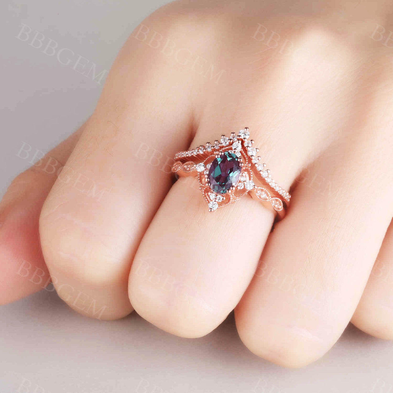 Rose Gold Alexandrite Bridal Ring Set with Oval Cut 6x8mm Diamond & V-Shape Matching Band - Milgrain Filigree Engagement Ring for Women | Perfect for Proposals, Weddings & Anniversary Gifts
