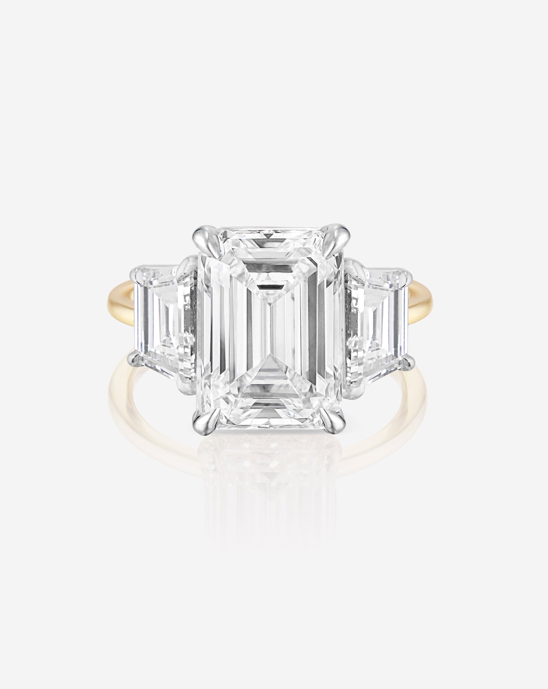 3.65 Carat Lab Grown Emerald Whisper Thin® Three Stone Ring with Trapezoid Side Stones - Elegant Engagement & Wedding Jewelry for Women