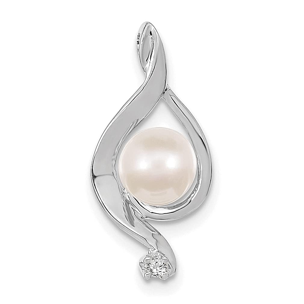 14K White Gold 5.5mm Round Freshwater Cultured Pearl & Diamond Pendant Necklace for Women - Elegant Fine Jewelry Gift for Her, Perfect for Weddings, Anniversaries & Special Occasions