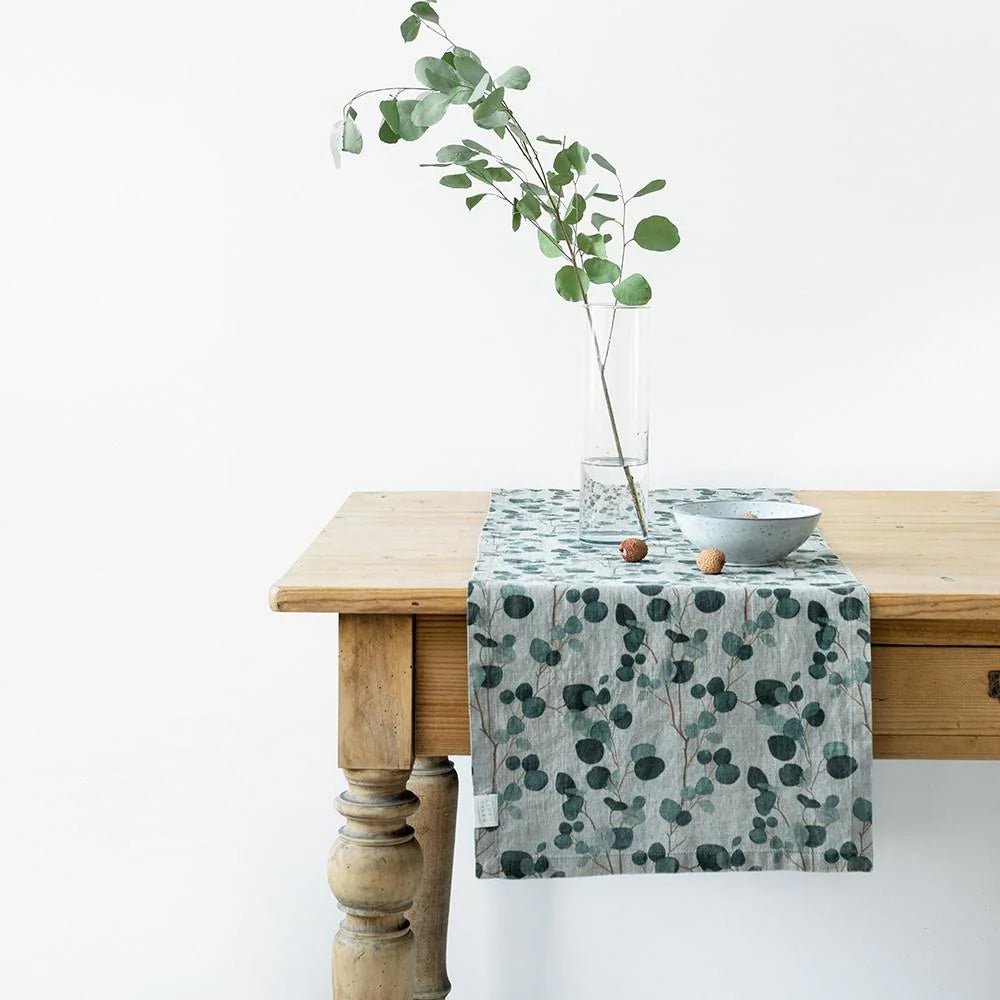 Natural Linen Hemmed Table Runner with Eucalyptus Design - Perfect for Farmhouse Dining, Wedding Decor, and Rustic Home Styling