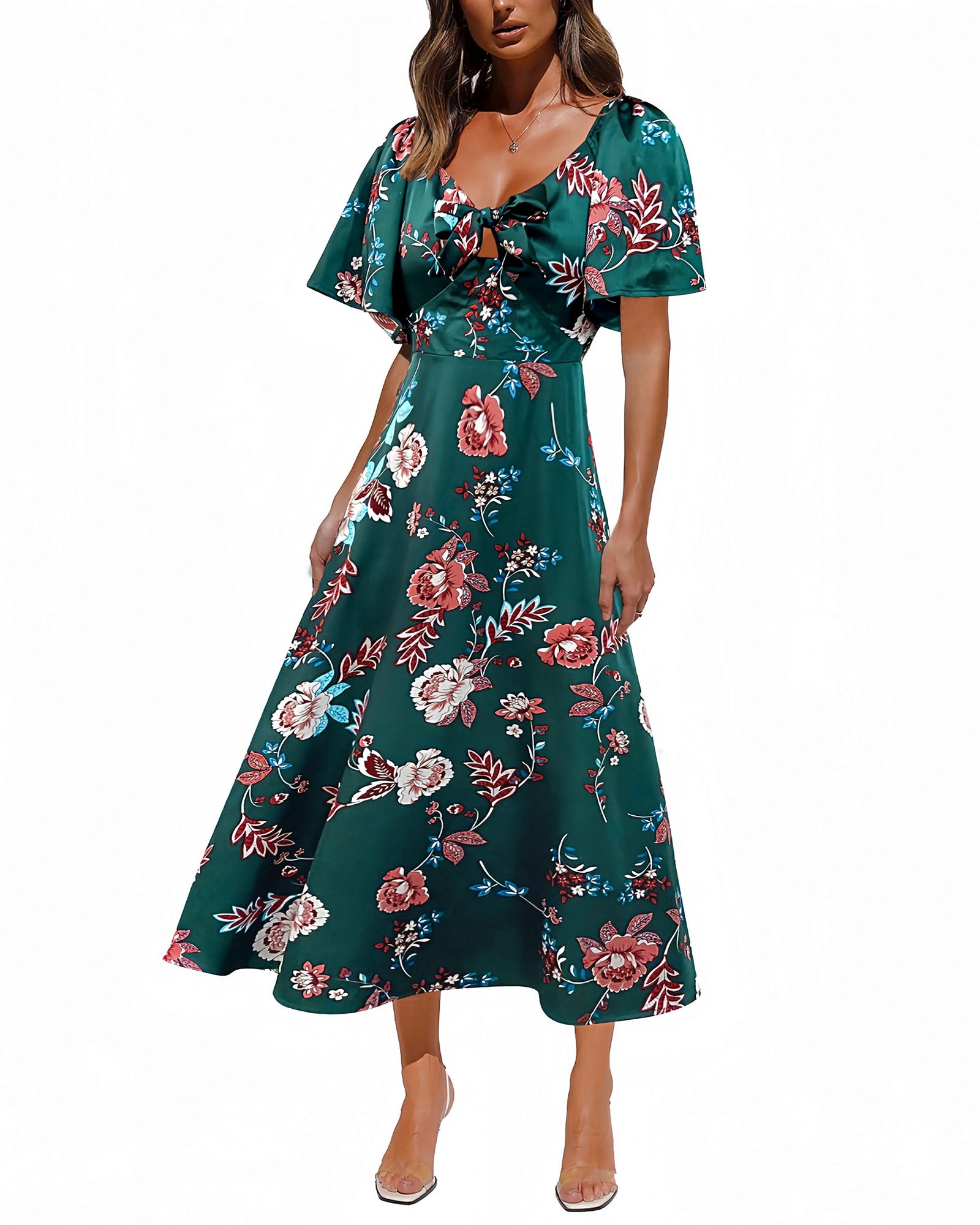 Fashionme Women's Summer Maxi Dress 2025 - Elegant Deep V Neck, Bow Tie Front, Cap Sleeve Floral Satin Smocked Dress for Beach, Wedding & Special Occasions
