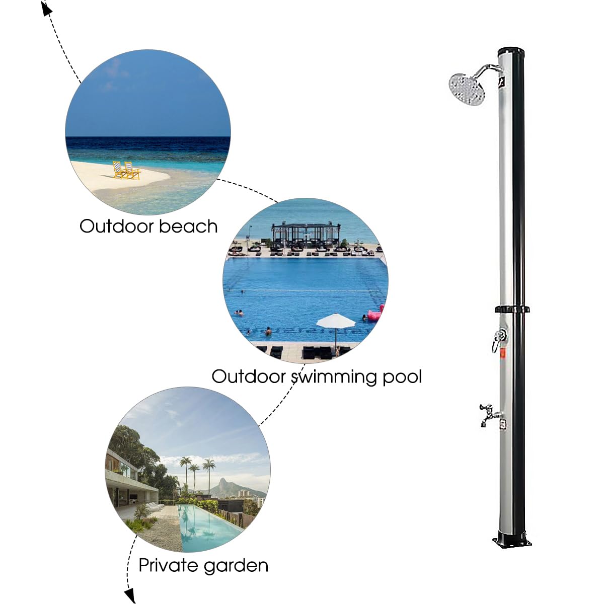 5.3/9.3 Gallon Solar Outdoor Shower with Heated Shower Head & Foot Tap - Portable Garden, Backyard, Poolside, Beach, Spa Shower for Camping, RV, and Outdoor Activities - Silver 9.3 Gallon