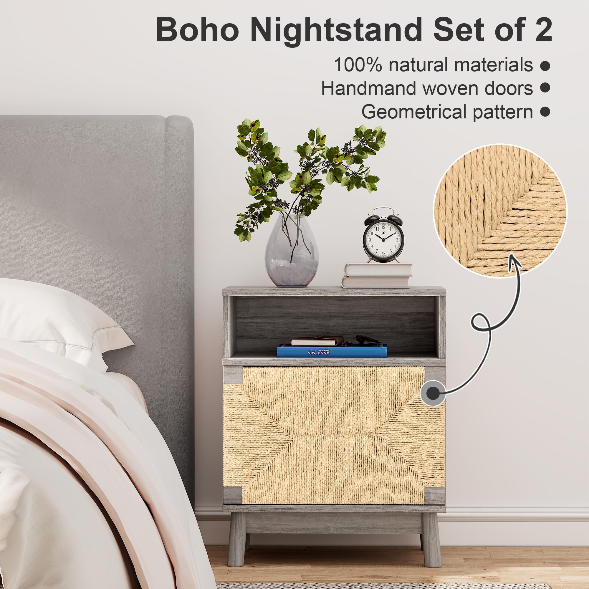 XIAO WEI Large Night Stand Set of 2 - Hand-Woven Natural Paper Rope Doors Boho Bedside Tables - Grey Accent End Tables for Bedroom, Living Room & Dorm Decor