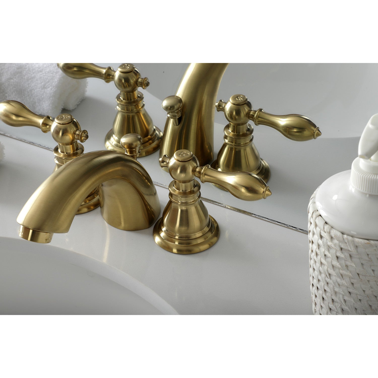 American Classic KB957ACLSB Brushed Brass Two-Handle 3-Hole Deck Mount Mini Widespread Bathroom Faucet with Pop-Up Drain - Perfect for Small Bathrooms & Powder Rooms