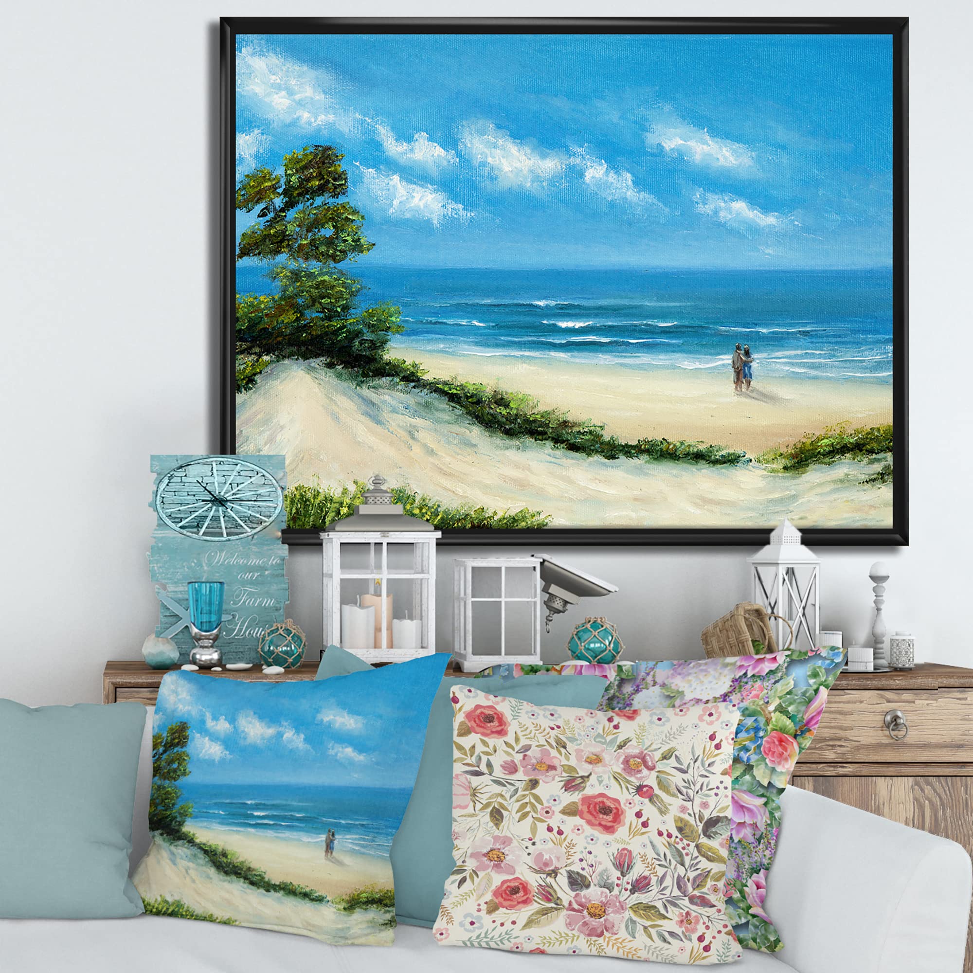 Nautical & Coastal Framed Canvas Wall Art Print - Beach Couple Painting for Living Room, Bedroom Decor | DesignQ Home Wall Decor | Perfect for Beach House, Coastal Theme Interior Design