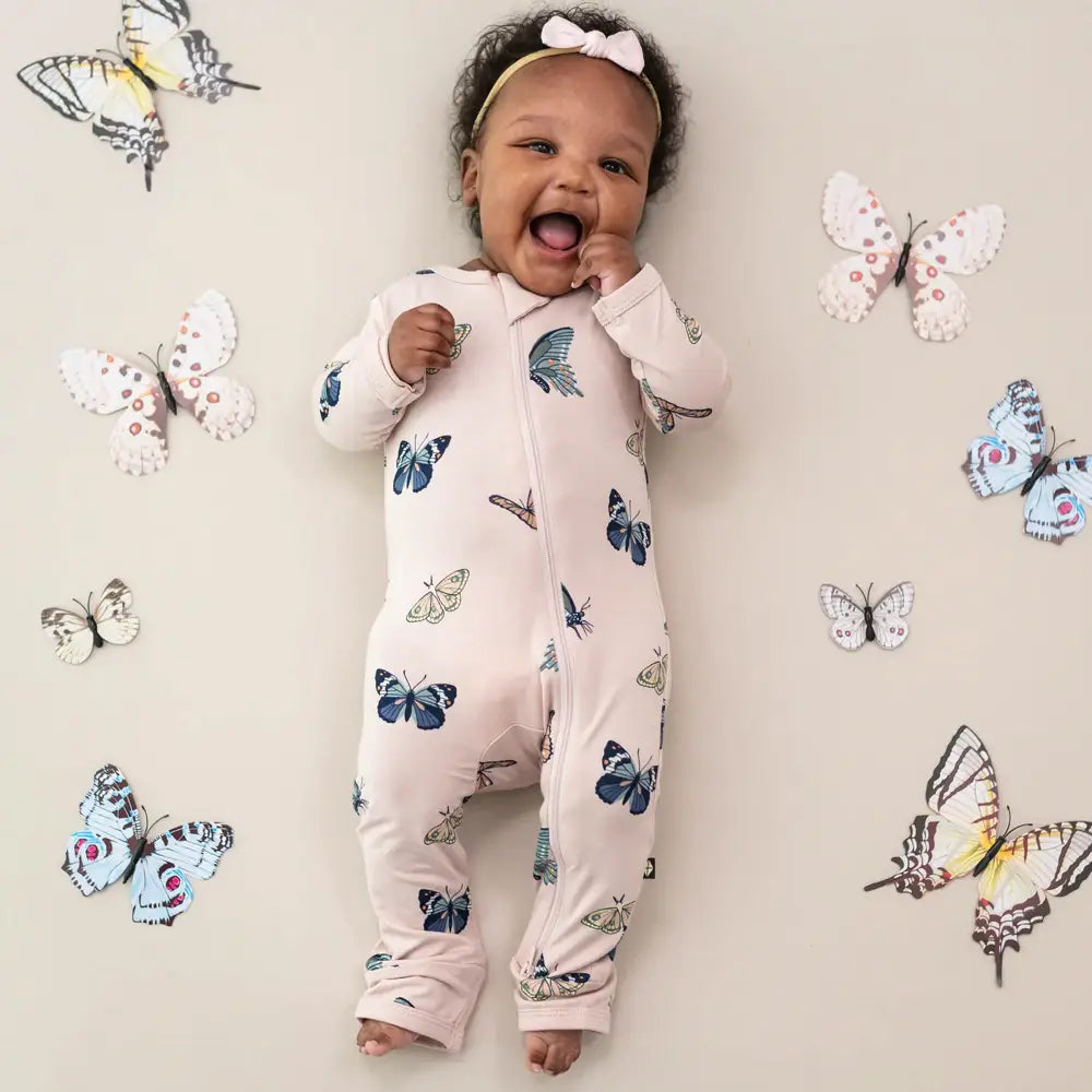 Kyte Baby Blush Butterfly Printed Zippered Romper - Soft Organic Cotton Baby Sleepsuit for Newborns & Infants | Perfect for Nursery, Daycare & Family Outings
