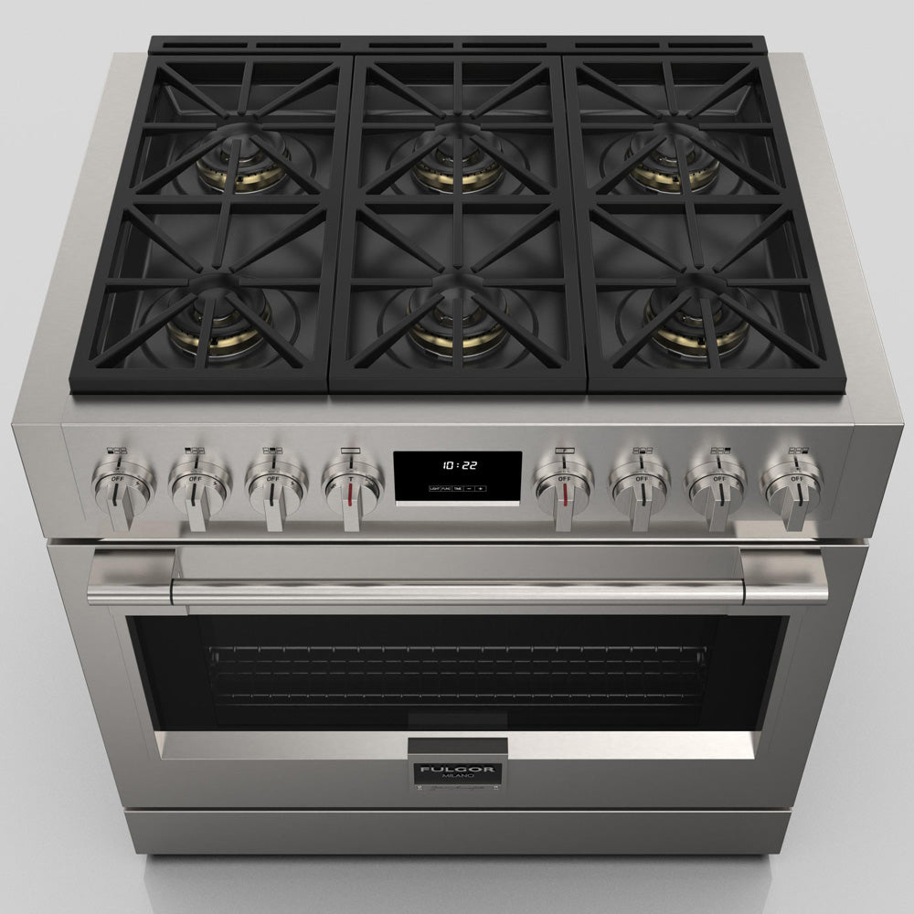 Fulgor Milano 36 Inch 600 Series Pro All Gas Range with 6 Burners - Stainless Steel Commercial Style Stove (Model F6PGR366S2) for Professional Kitchens & Home Chefs