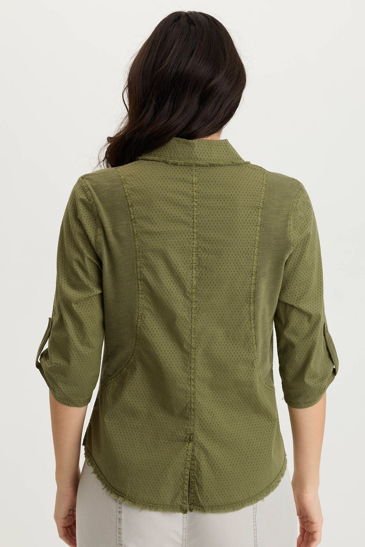 Arvin Perforated Poplin & Jersey 3/4 Sleeve Snap Up Top for Women - Breathable Summer Blouse for Casual Outings and Office Wear