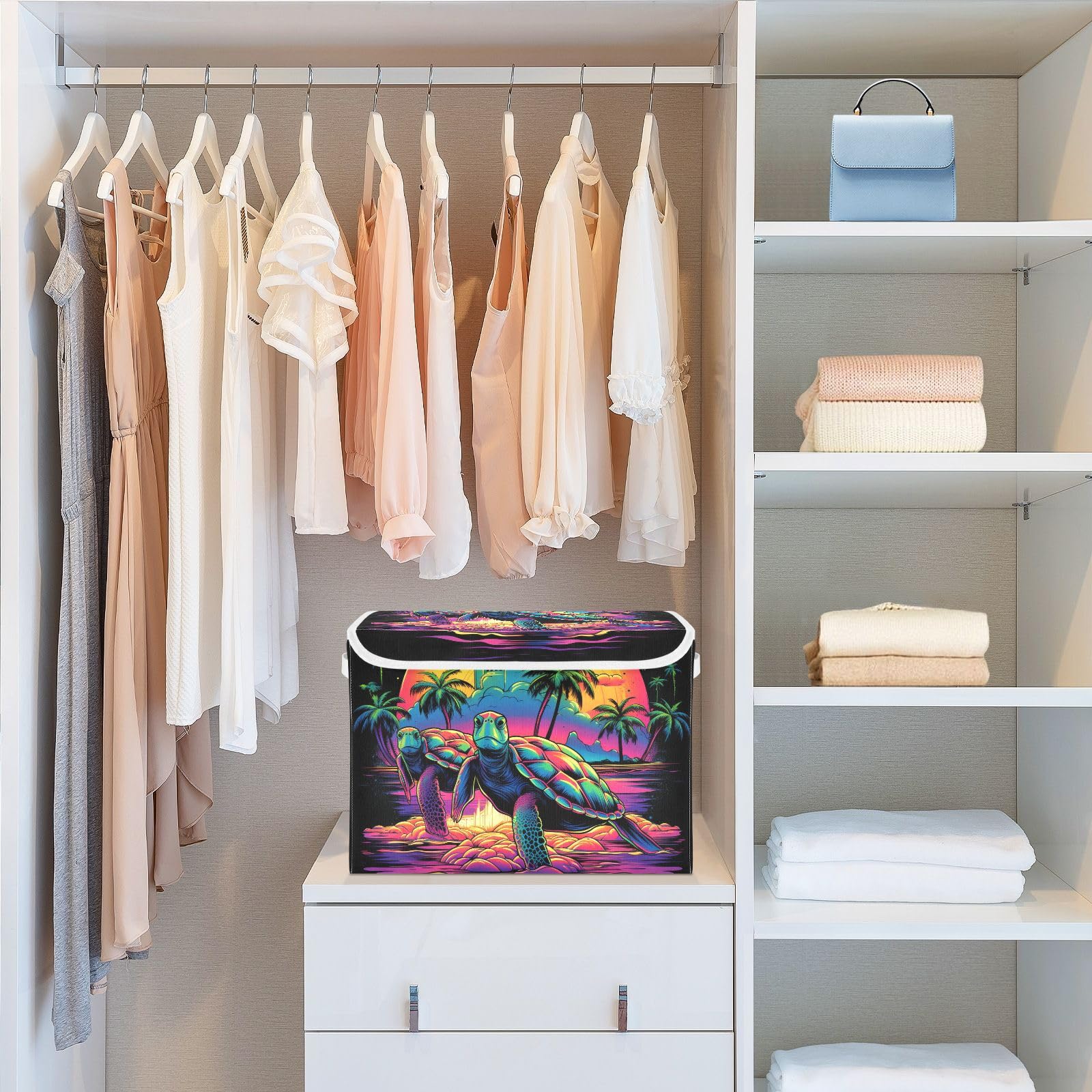 Collapsible Storage Bins with Lids - Turtle Pattern Organizing Baskets for Clothes & Home