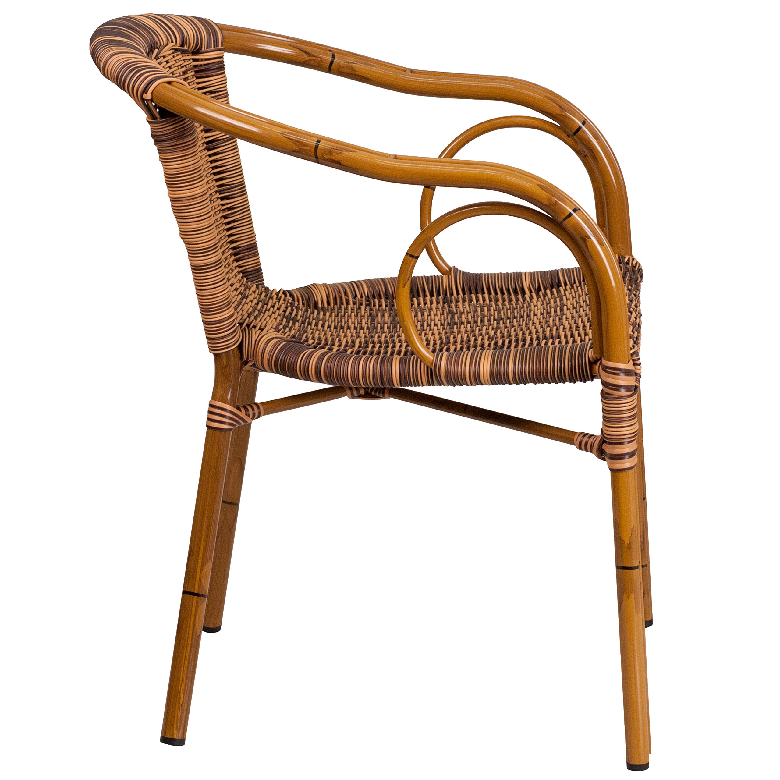EMMA + OLIVER Brown Rattan Patio Chair with Dark Red Bamboo-Aluminum Frame - Outdoor Dining, Poolside Relaxation, Garden Decor, Backyard Furniture for Patio, Deck or Balcony
