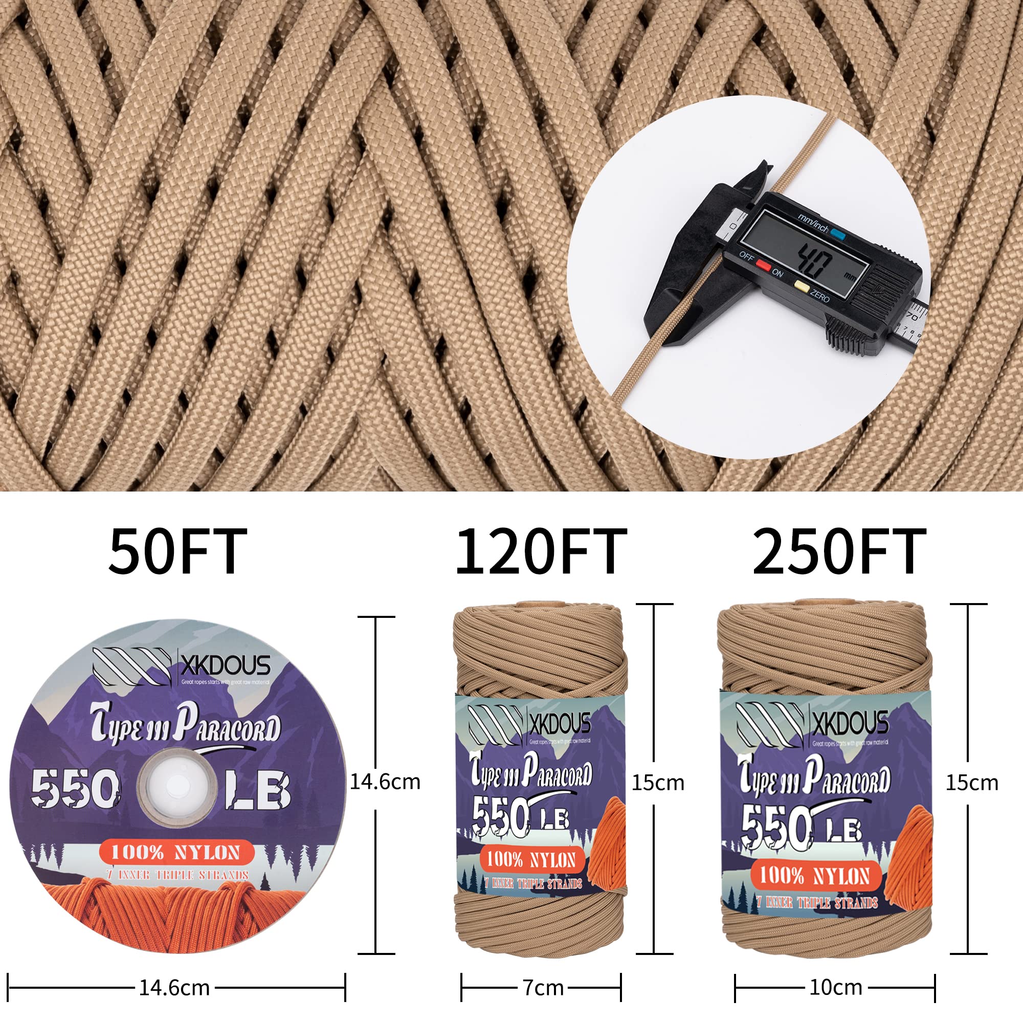 XKDOUS 550 Paracord 120ft - 7-Strand Nylon Tactical Rope for Survival, Camping & Hiking Gear