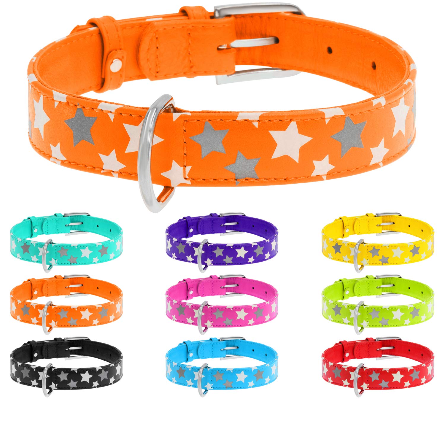 WAUDOG Reflective Leather Dog Collar for Small Medium Large Dogs - Durable Padded Safety Collar with Soft Padding in Red, Blue, Pink, Purple, Green, Black - Adjustable 10