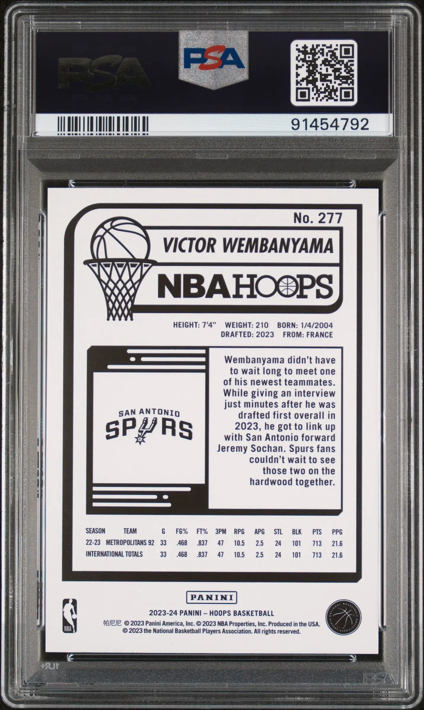 2023 Panini NBA Hoops Victor Wembanyama Rookie Card #277 PSA 10 Gem Mint - Collectible Basketball Trading Card for NBA Fans & Sports Memorabilia Enthusiasts