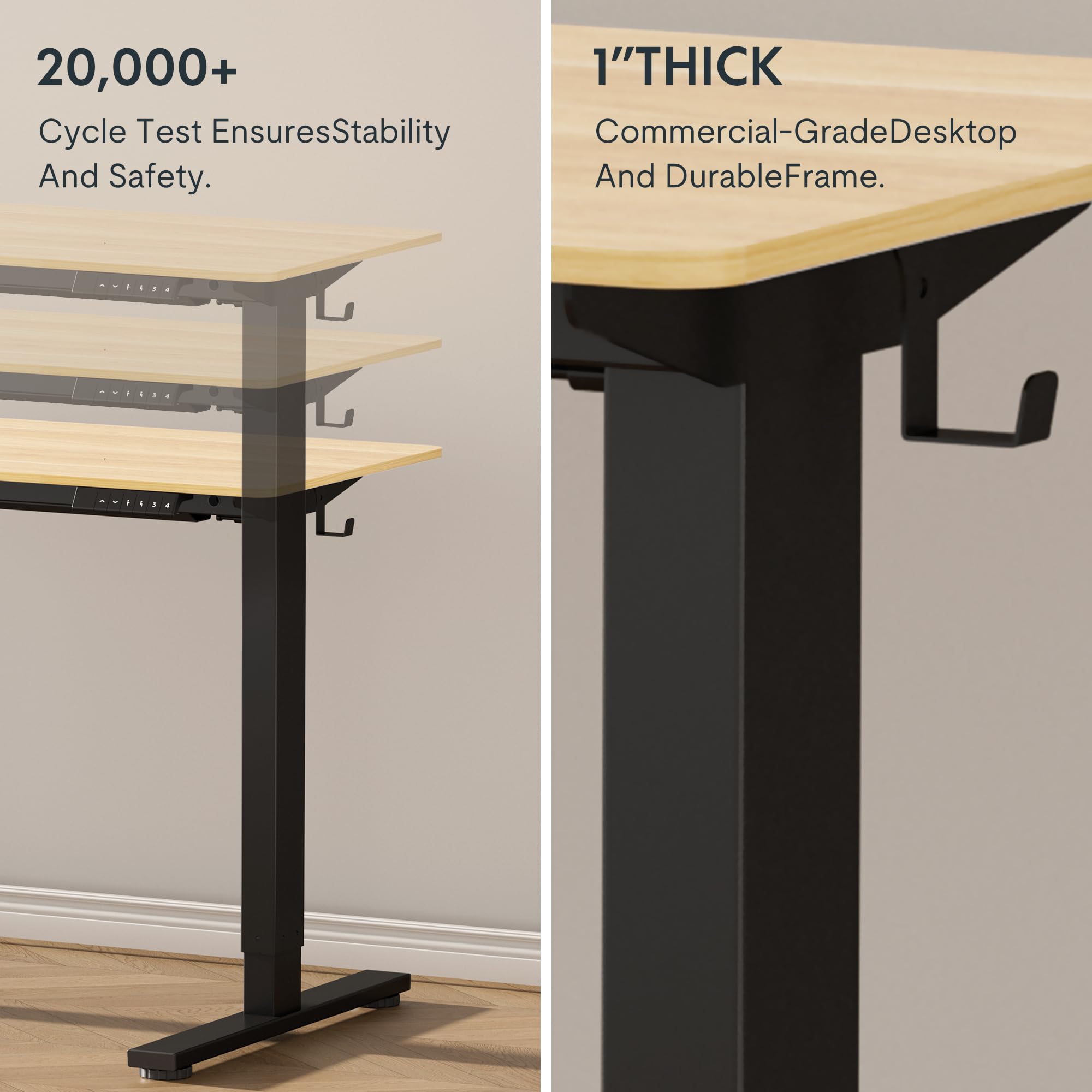 FLEXISPOT EN1 Electric Height Adjustable Standing Desk 48 x 24 Inches - Whole-Piece Sit Stand Desk with Black Frame & Maple Top (2 Packages) - Perfect for Home Office, Gaming & Workspace Ergonomics