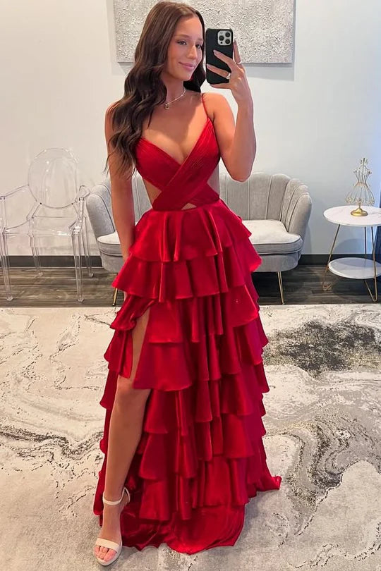 2025 Satin Red Layered Prom Formal Dress with Spaghetti Straps & V-Neck - Perfect for Homecoming, Prom Night, and Evening Parties