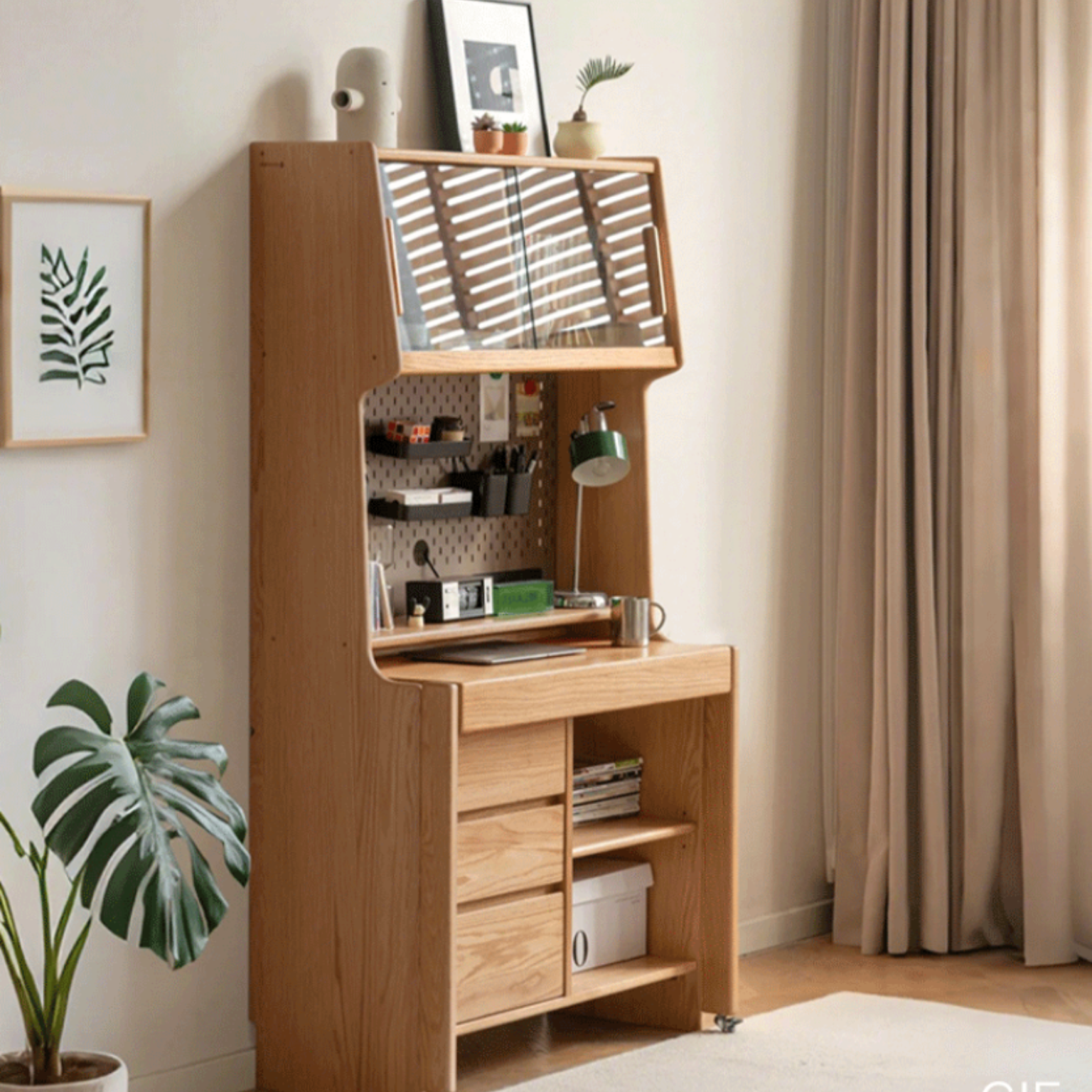 Solid Oak Wood Modern Retractable Desk with Integrated Bookcase - Home Office, Study Room, and Workspace Solution