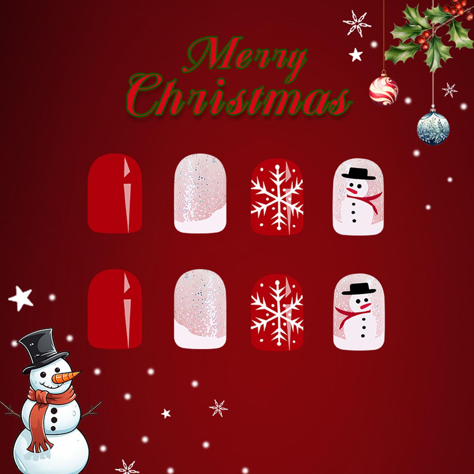 Christmas Press on Nails Short - 24PCS Snowflake Snowman Glitter Fake Nails with White French Tips | Xmas Square Acrylic Stick on Nails for Women & Girls | Holiday Party, Gift Giving, Winter Nail Art Designs