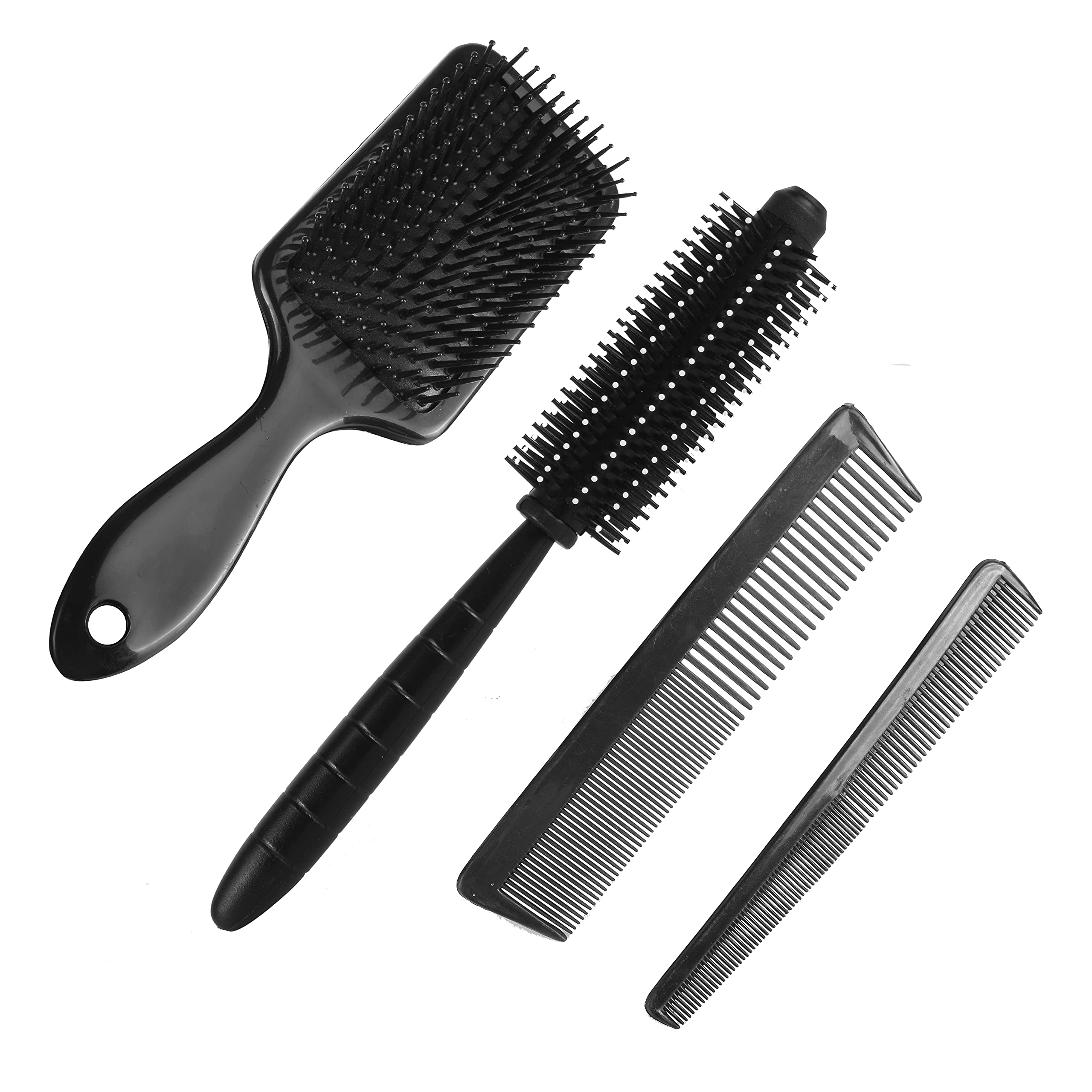 Miramar 4-Piece Professional Hair Styling Comb Set - Paddle & Round Brushes for All Hair Types - Perfect for Salon Stylists & Home Use - Great for Straightening, Detangling & Styling Women/Men's Hair (Black Comb Set)