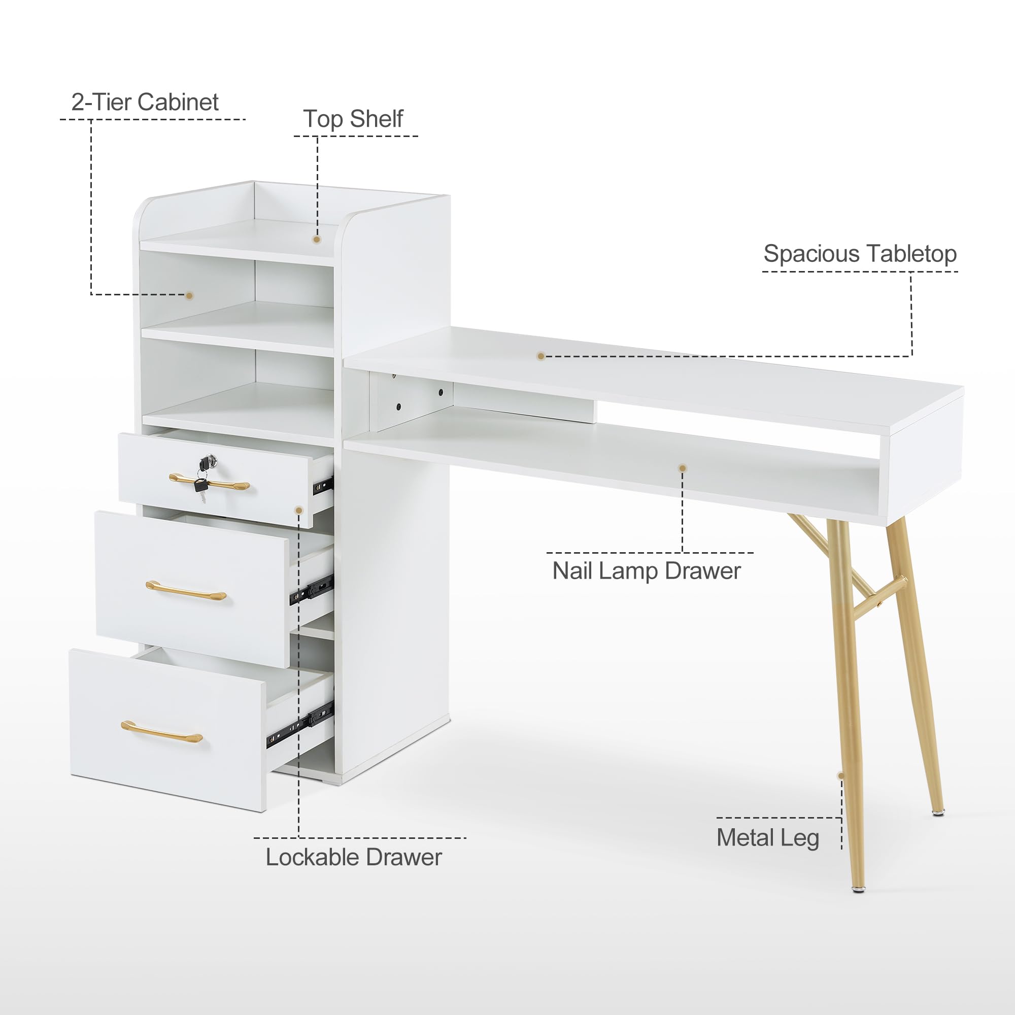 Professional BarberPub Manicure Table with 3 Drawers & 4 Shelves - Gold Handle Nail Tech Desk for Beauty Salon & Spa - White Nail Artist Workstation with Sturdy Legs - Perfect for Nail Art, Pedicures & Salon Equipment Organization DC2605