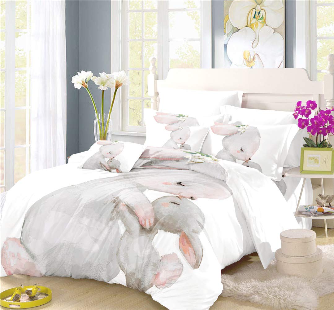 Cute Pink Bunny Wild Animals Duvet Cover Set - Twin/Full/Queen/King Size Bedding (3/4 Pieces) for Cozy Bedroom Decor | Includes Duvet Cover + Pillow Shams/Sheet | Perfect for Kids' Rooms, Nursery, or Animal-Themed Bedrooms (FULL-4PCS)