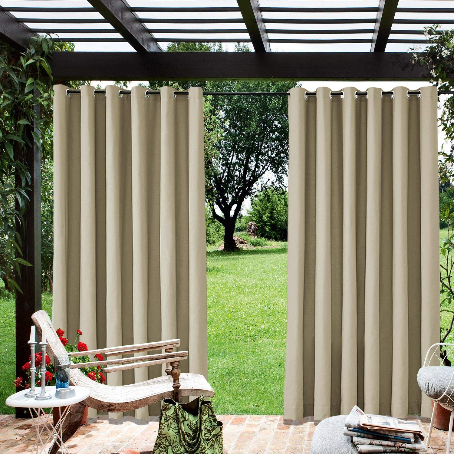 Macochico Outdoor Curtains 84x96 Inch - Waterproof Windproof Patio Drapes with Grommets for Pergola, Cabana, Gazebo, Dock & Beach House - Beige (1 Panel) - Perfect for Sun Protection & Outdoor Privacy