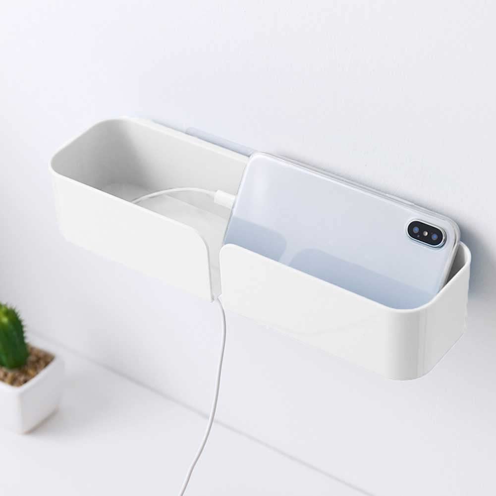 Self-Adhesive Wall Mount Phone Holder with Hook - Plastic Charging Stand & Organizer for Remote, Keys & Cables | Bedroom, Kitchen, Office Storage Solution