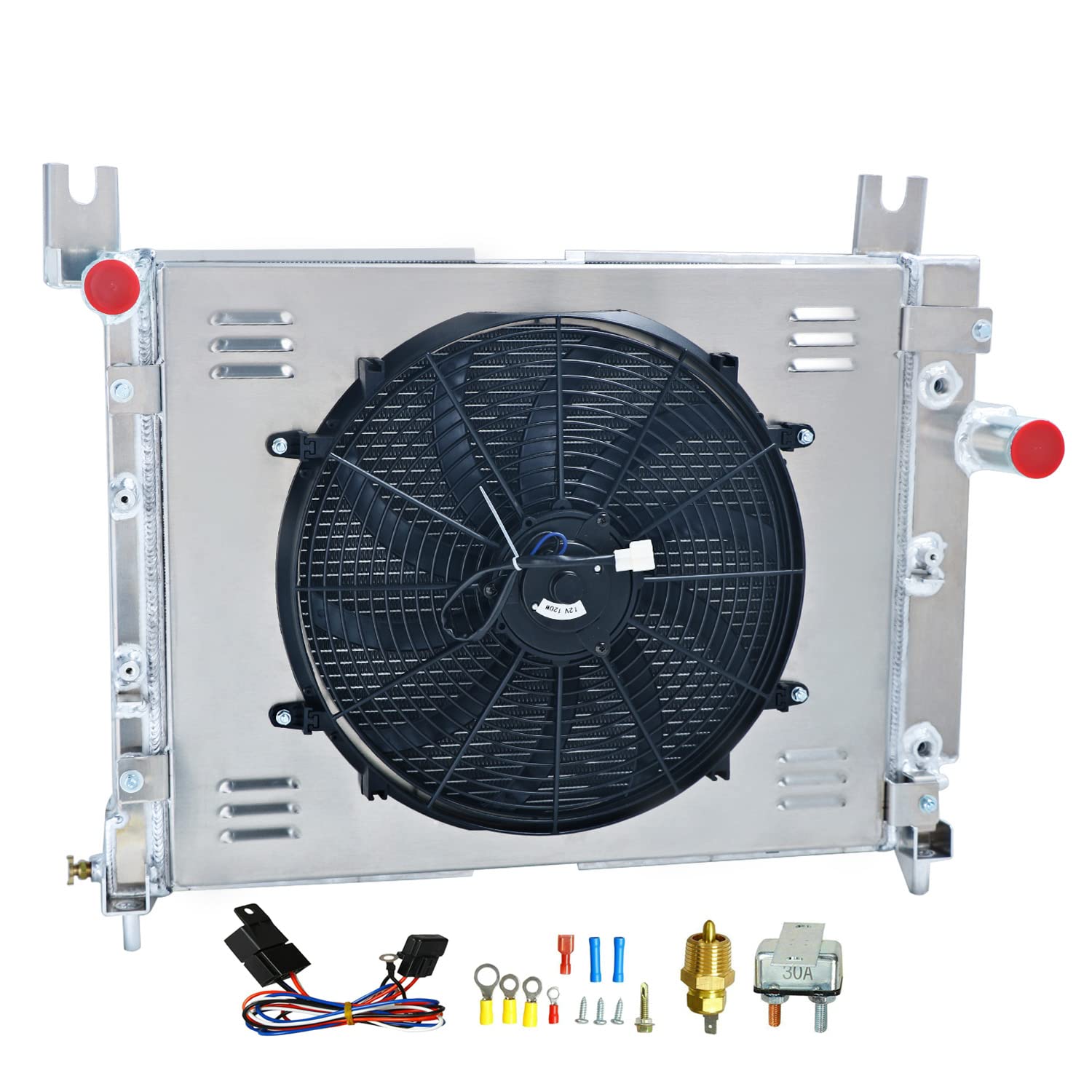 High-Performance 4-Row Aluminum Radiator for 2000-2004 Dodge Durango & Dakota - Fits 3.9L V6 & 4.7L V8 Engines - Includes Cooling Fan Shroud & Relay Kit - Perfect for Off-Roading & Heavy-Duty Towing