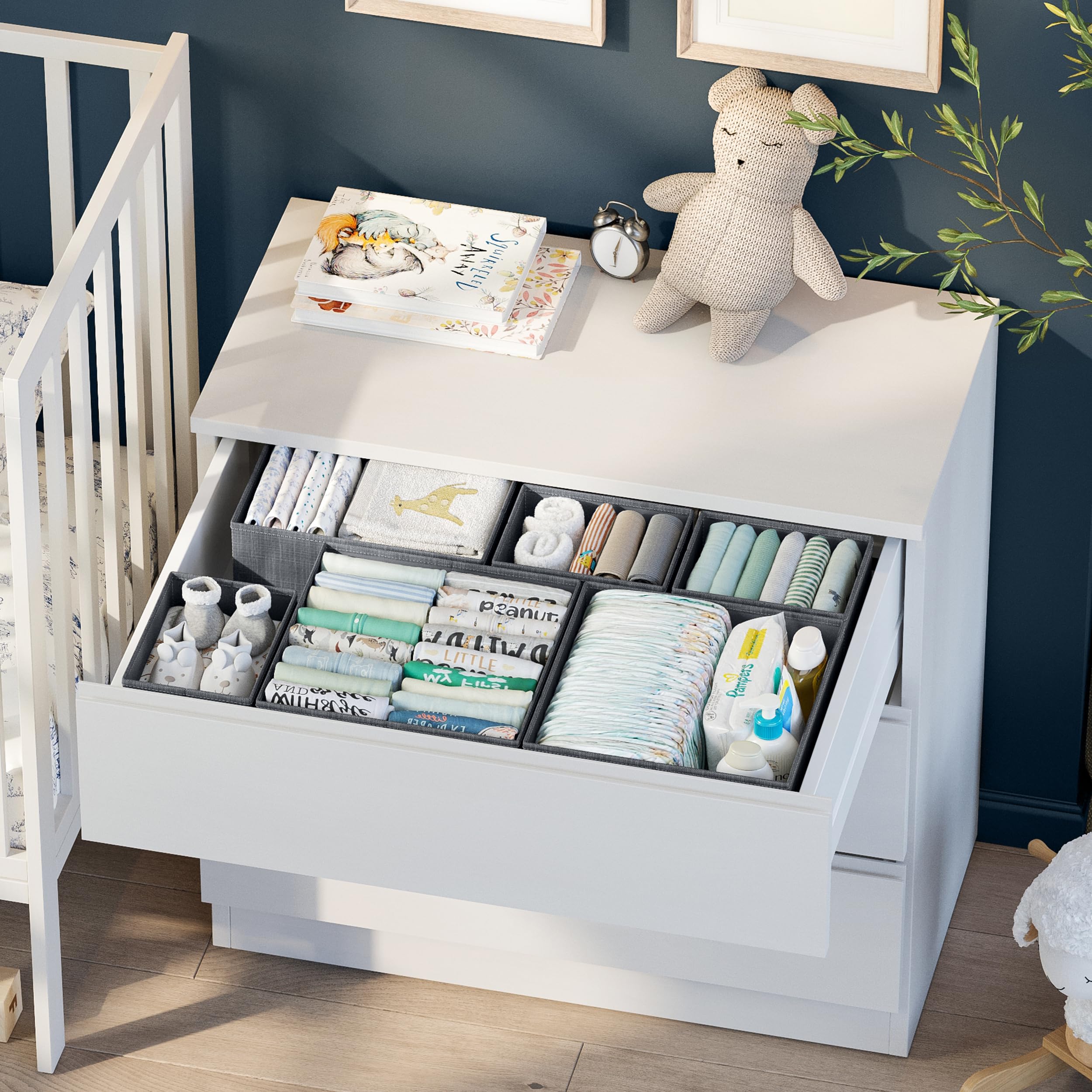 12-Piece Dark Grey Drawer Organizer Set for Clothes - Perfect for Nursery, Bedroom & Closet Storage | Baby Clothes Organizer | Dresser Drawer Dividers | Ideal for Newborn Essentials, Socks & Undergarments Organization