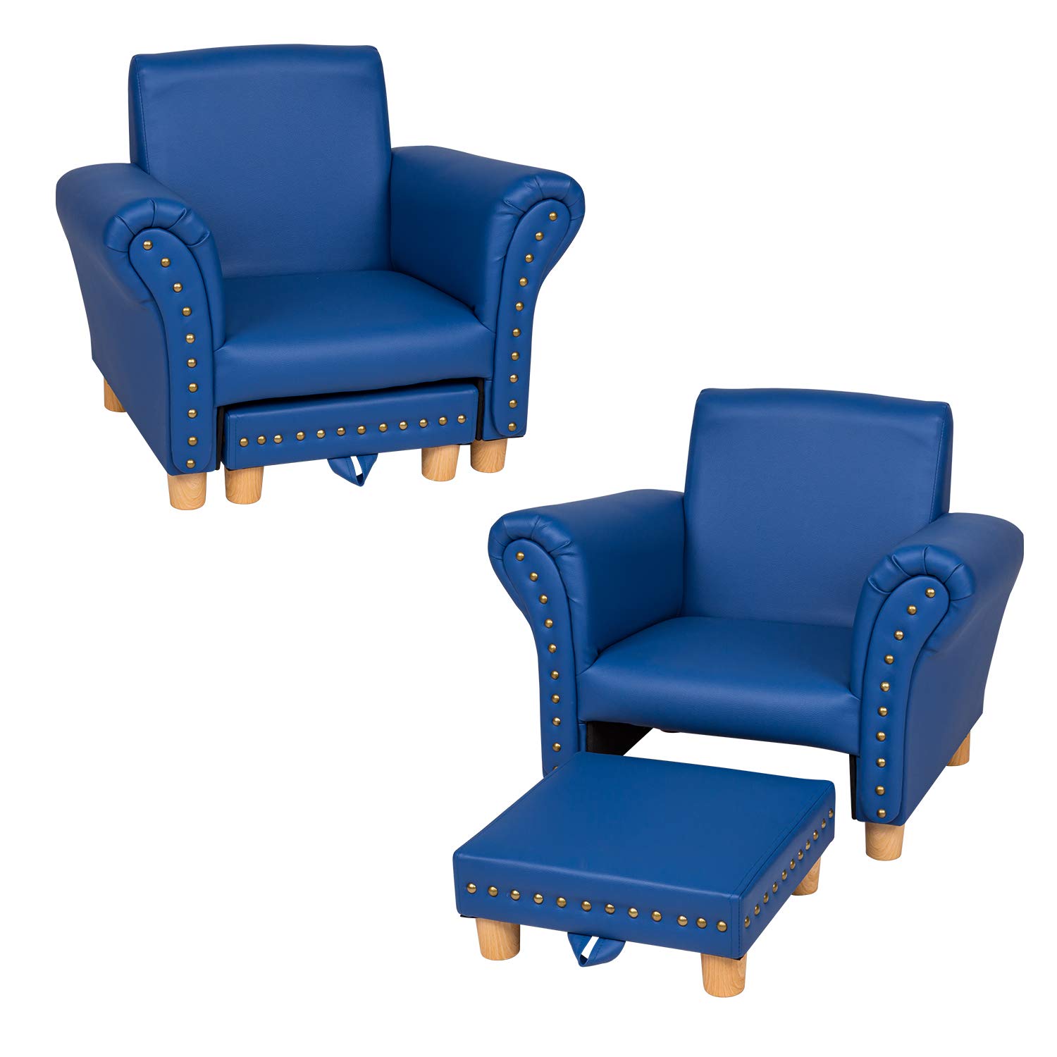 Kinsuite Kids Sofa with Ottoman - Blue Toddler Couch with PVC Leather, Upholstered Baby Sofa Chair for Girls & Boys - Perfect for Bedroom, Living Room & Playroom Decor