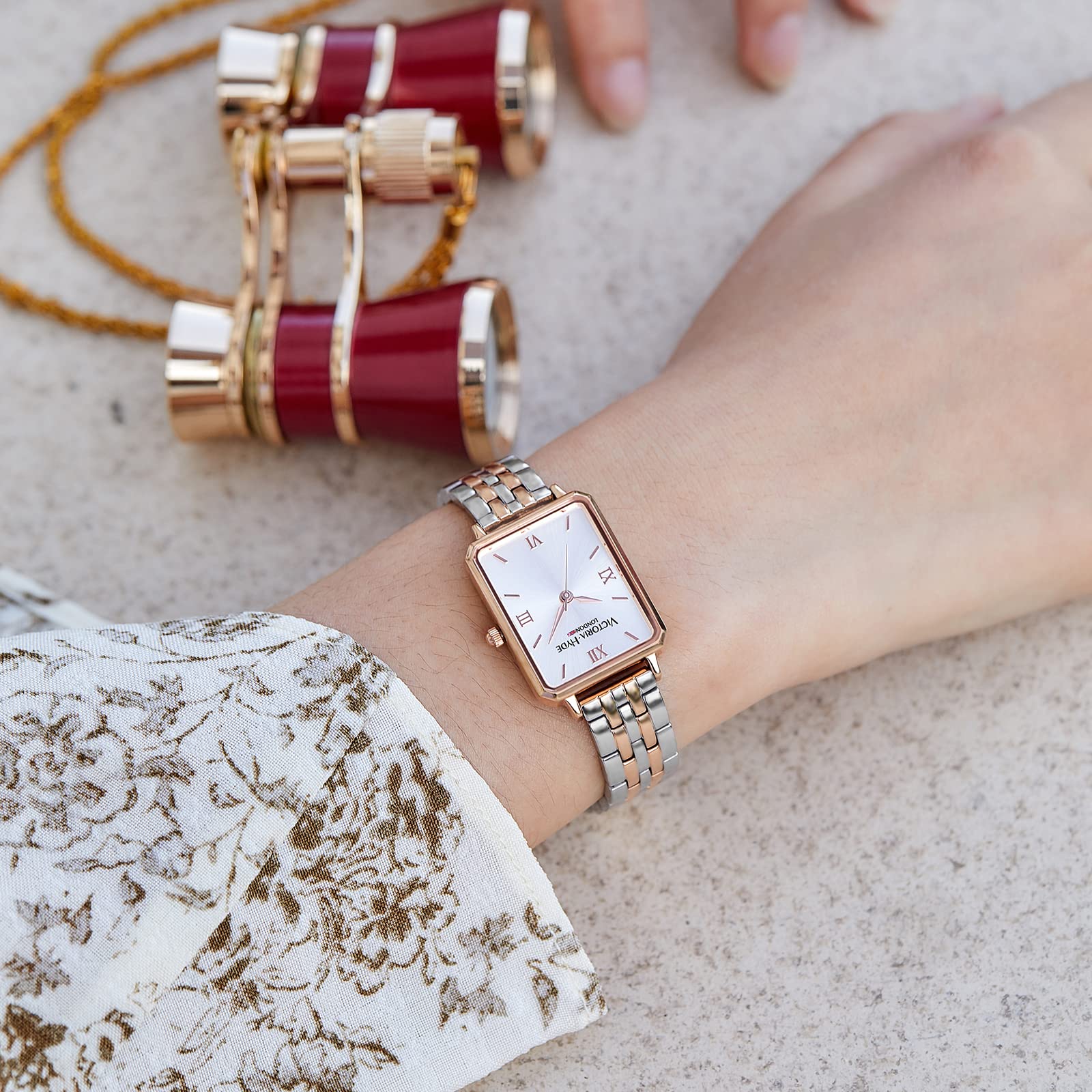 VICTORIA HYDE Women's Rectangular Watch - Silver & Rose Gold Two-Tone Stainless Steel Band, Classic Elegant Dress Watch for Women | Perfect for Office, Party & Everyday Wear