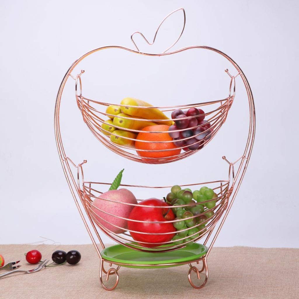 QTQHOME Vintage Style 2-Tier Metal Fruit Basket - Gold Countertop Fruit Bowl for Fresh Fruits & Vegetables - Rustic Kitchen Decor for Dining Table, Counter, Pantry Organization