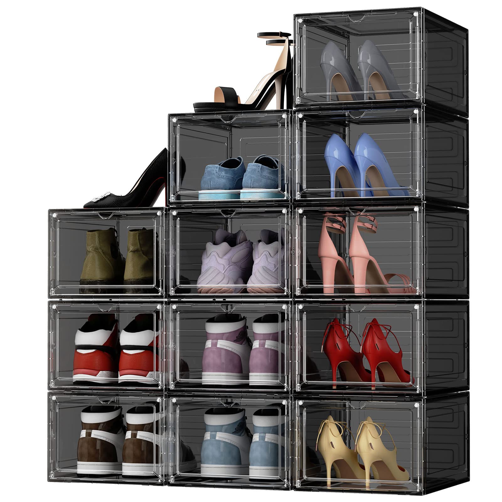 iBune 12 Pack Clear Plastic Drop Front Shoe Storage Boxes - Stackable Foldable Shoe Organizer for Closet | Easy Assembly Sneaker Boot Display Case | Fits US Size up to 12 | Perfect for Bedroom, Closet & Entryway Organization (Black)