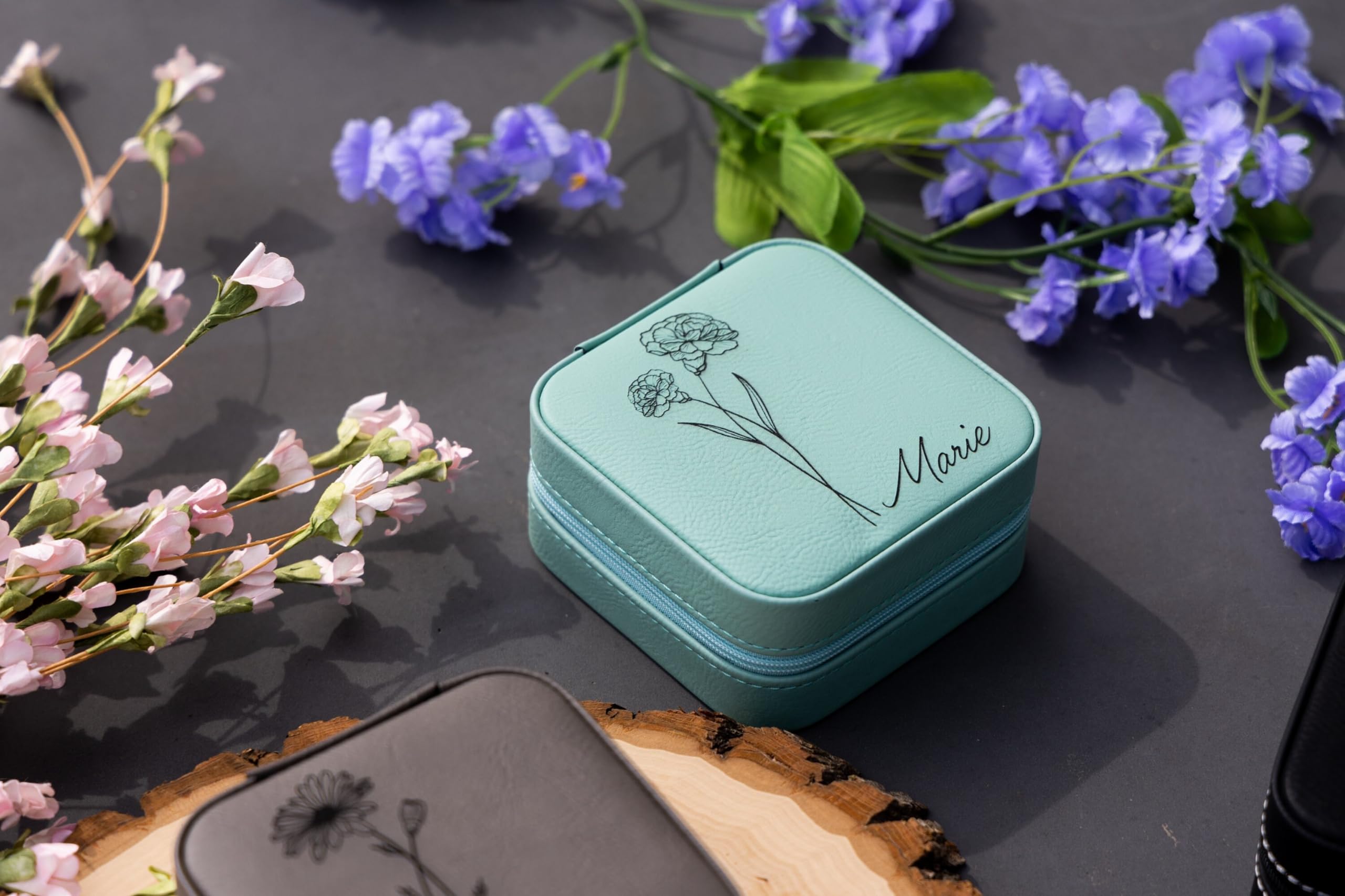 Personalized Birth Month Flower Jewelry Travel Box - Vegan Leather Custom Jewelry Case with Floral Design | Perfect Valentine's Gift for Women, Travel Jewelry Organizer for Necklaces & Rings