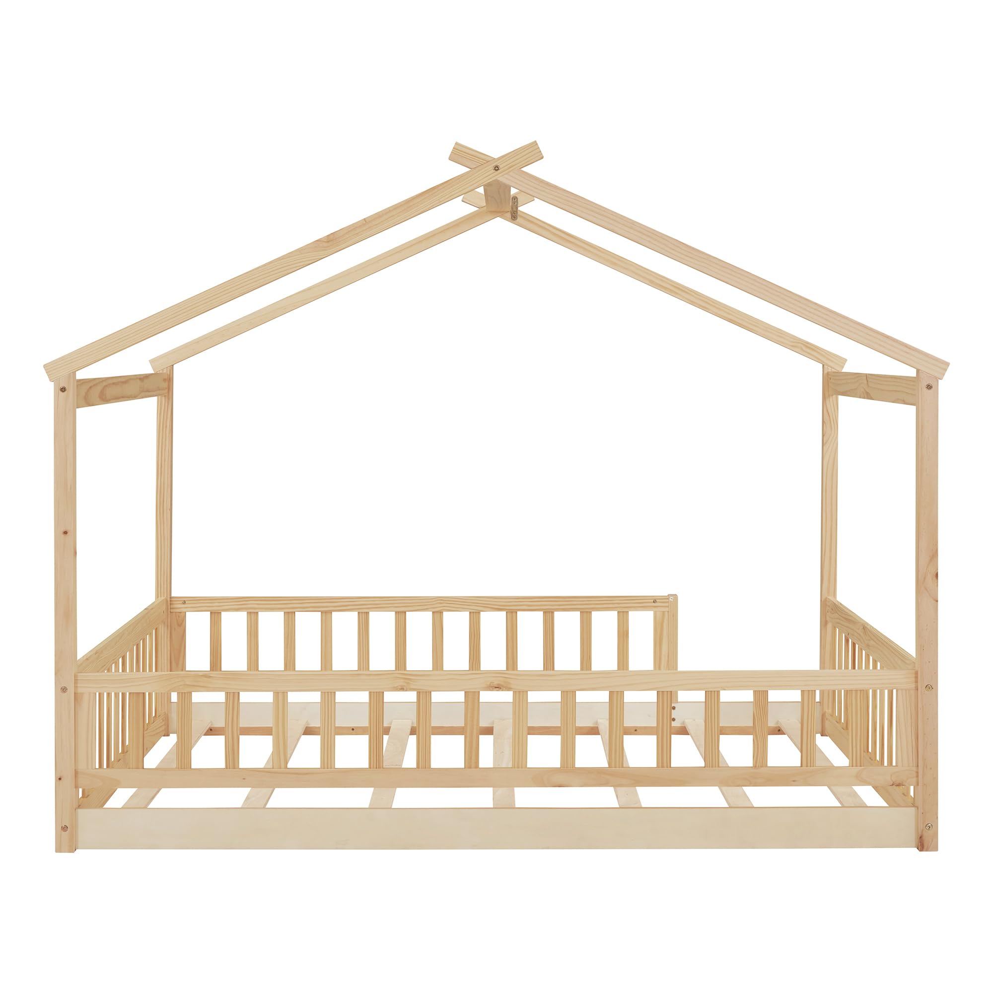Montessori Floor Bed for Kids - Full Size Wood House Bed Frame with Safety Fence | Natural Wood Playhouse Bed | Toddler Floor Bed for Safe Sleep & Playtime Fun