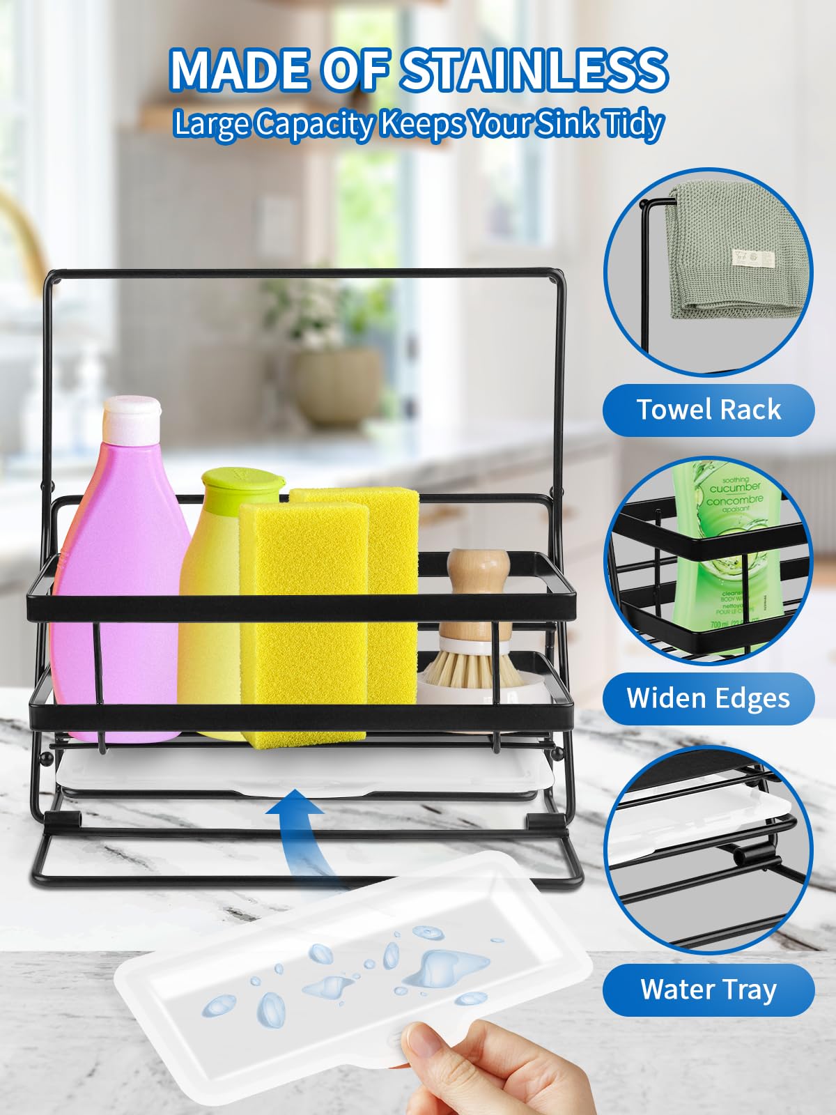 EBANKU 3-in-1 Kitchen Sink Organizer - Stainless Steel Sponge Holder, Food Waste Strainer Basket & Dish Rack with 100Pcs Net - Rustproof 304 Steel for Easy Cleaning - Perfect for Kitchen Sink Organization & Dishwashing
